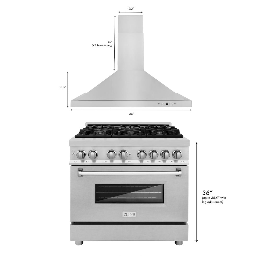 ZLINE 36 Inch Professional Kitchen Package - Stainless Steel Dual Fuel Range with Convertible Vent Hood | Perfect for Home Chefs & Modern Kitchens