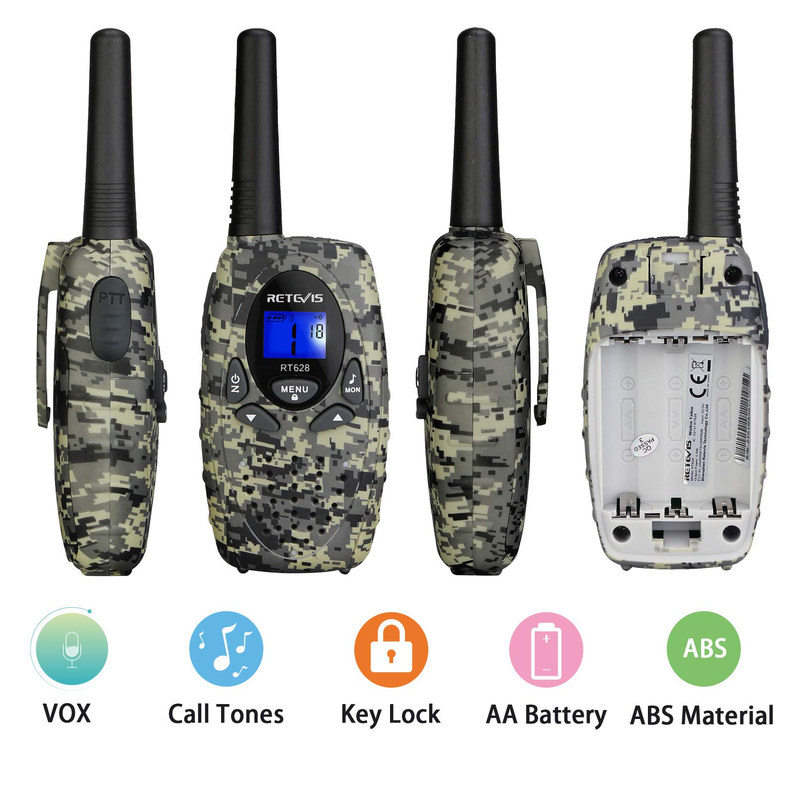 Retevis RT628 Kids Walkie Talkies - 2 Way Radios with Long Range Communication, VOX & Camo Design - Perfect for Boys & Girls Ages 6-12 - Great for Camping, Hiking, Outdoor Adventures & Army Role Play (4 Pack)