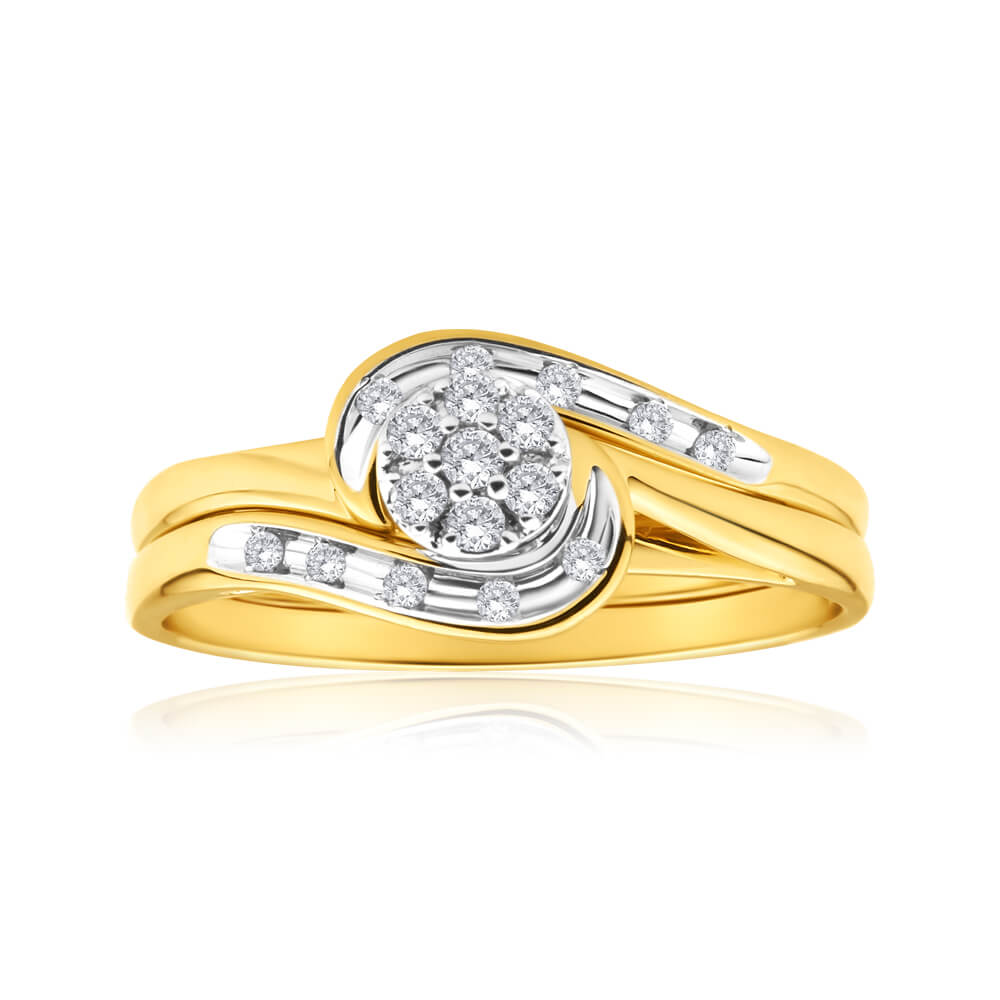9ct Yellow Gold 2 Ring Bridal Set With 0.15 Carats Of Light Champagne Diamonds - Elegant Wedding & Engagement Ring Set for Brides, Perfect for Proposals, Anniversaries & Special Occasions