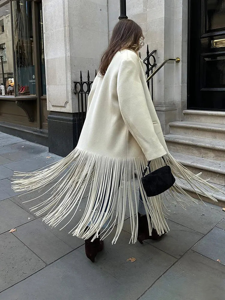2023 Women's Autumn Wool Blend Tassel Coat with Lapel, Full Sleeves & Pockets - Fashionable Streetwear Overcoat for Fall Outfits & Casual Wear