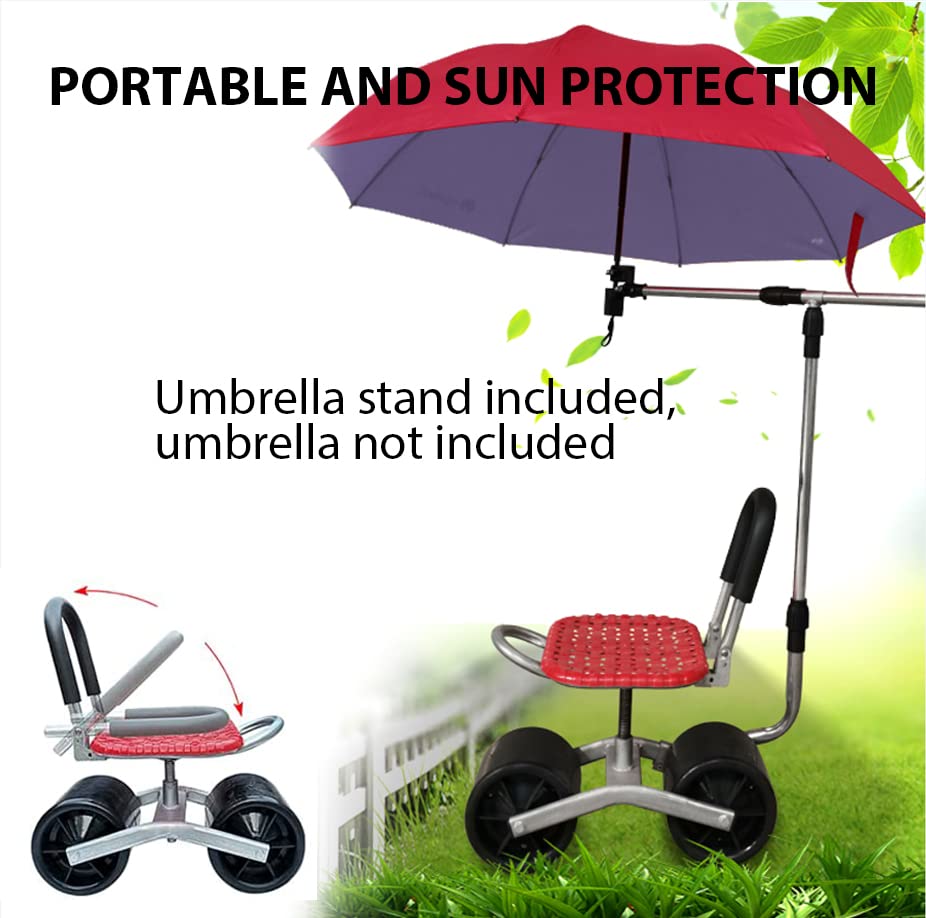 360° Rotatable Rolling Garden Seat with Adjustable Height - Foldable Backrest & Umbrella Holder - Outdoor Gardening Stool for Planting, Weeding & Landscaping - Perfect for Seniors & Garden Enthusiasts in Backyards, Patios & Greenhouses