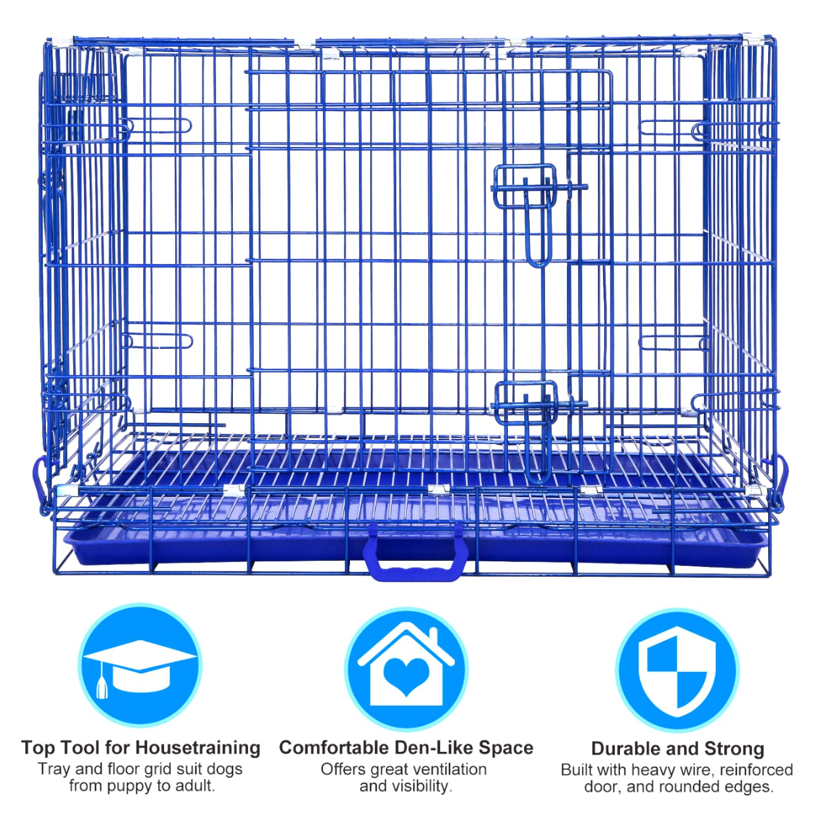 30 Inch Blue Collapsible Dog Crate for Small to Medium Dogs - Indoor Pet Kennel with Nano-Coated Metal Wire, Removable Tray & Floor Grid, Double Doors with Dual Locks, Portable Handle - Perfect for Home, Travel & Training