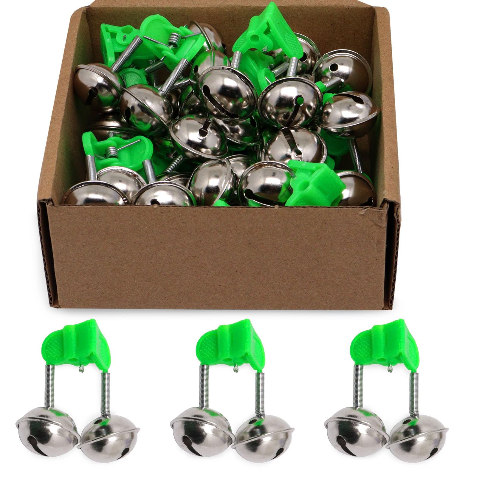 20pcs Fishing Bells with Dual Alarm - Clip on Fishing Rod Alert System for Freshwater & Saltwater Angling - Green Fishing Gear Accessories for Bass, Catfish & Trout Fishing (Great for Night Fishing & Ice Fishing)