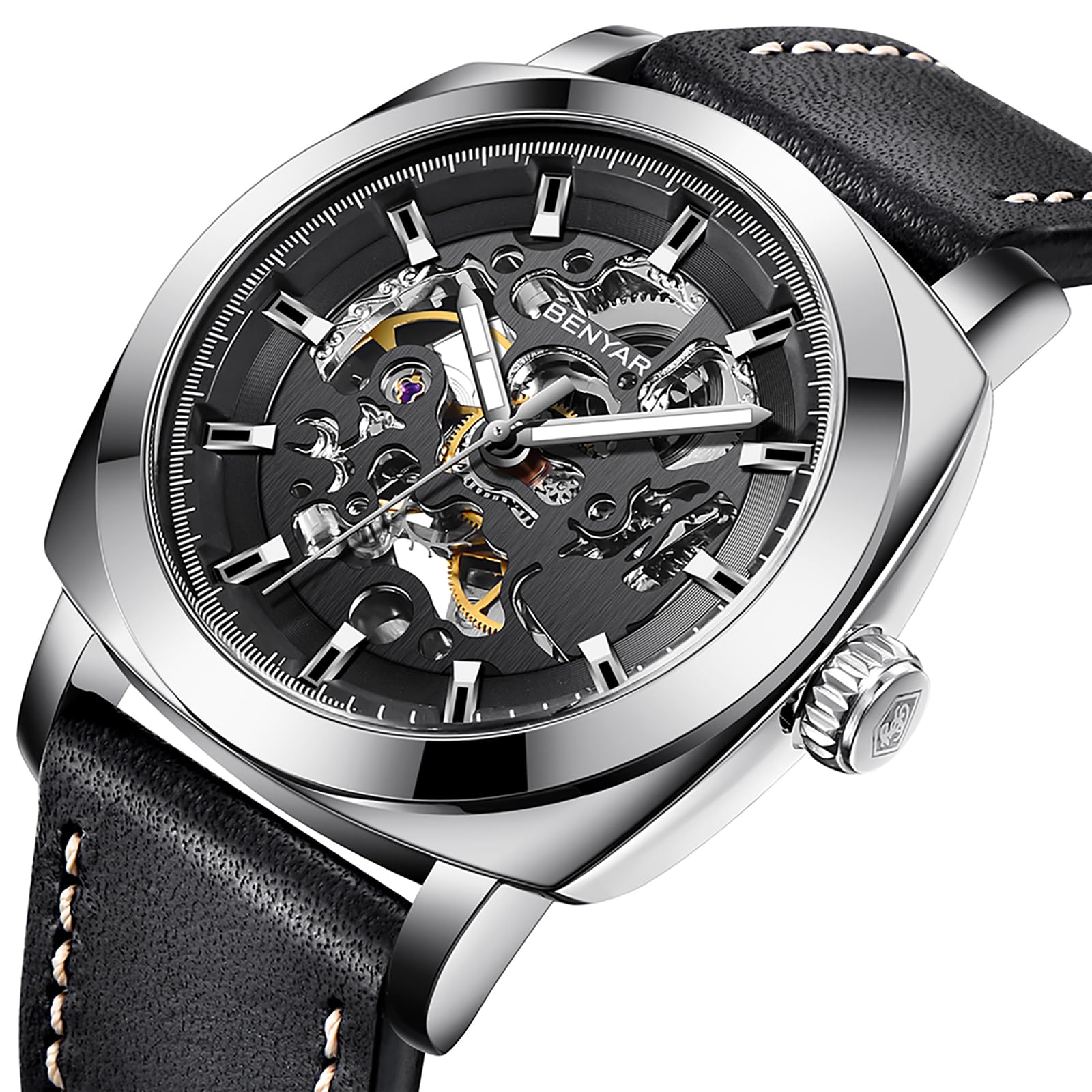 Benyar Automatic Skeleton Watch for Men - 45mm Stainless Steel Case, Genuine Leather Strap, 30M Waterproof Mechanical Watch - Perfect for Business, Formal Occasions & Everyday Wear