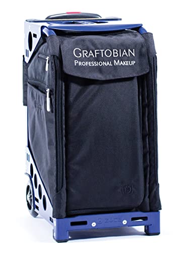 Zuca Pro Artist Wheeled Makeup Case with 2 HD Super Palettes - Black Insert Bag in Navy Blue Frame, 5 Vinyl Bags & Travel Cover - Graftobian Professional Makeup Organizer for Travel & Salon Use