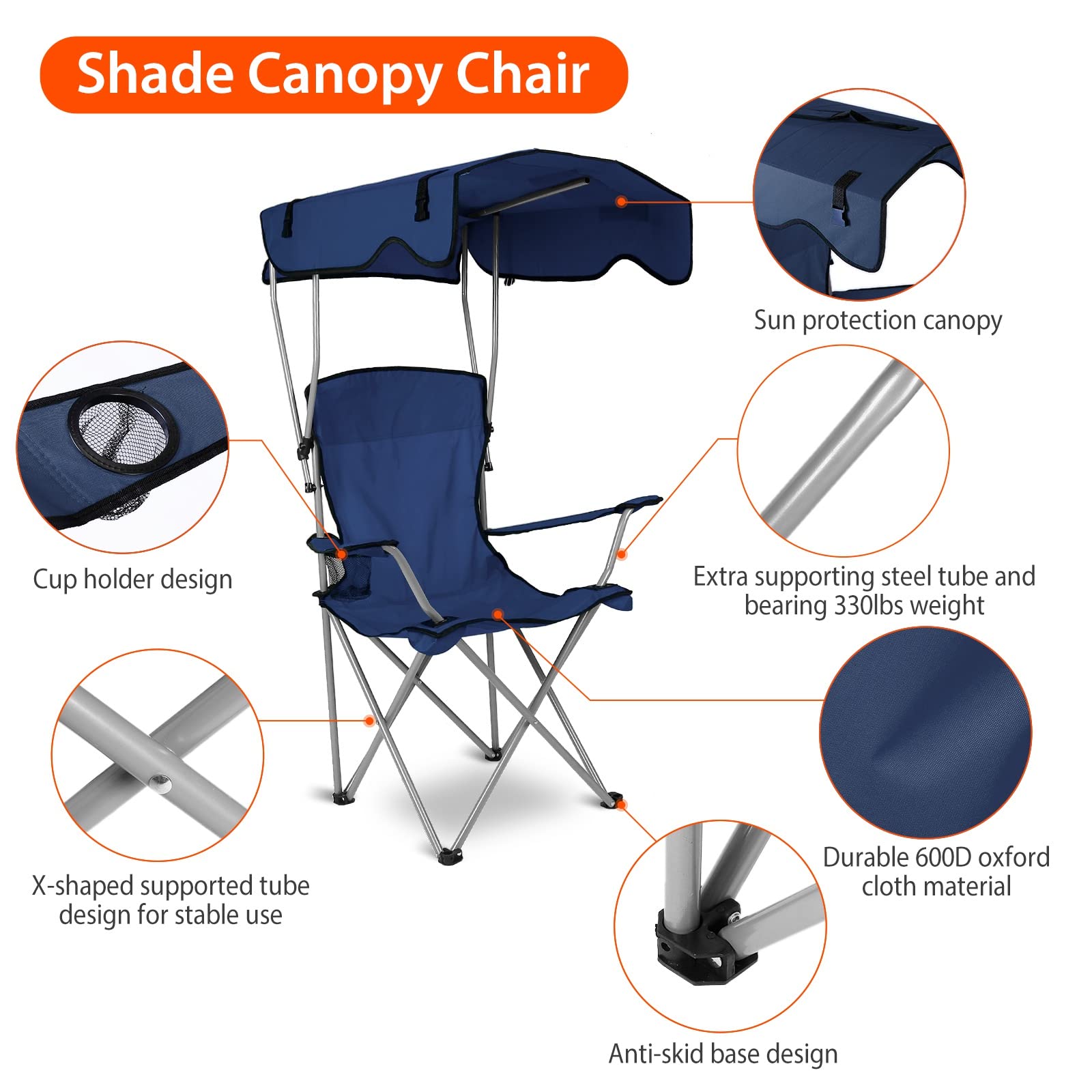 Foldable Beach Canopy Chair with Sun Shade - Heavy Duty Camping Chair with Cup Holder for Outdoor, Beach, Park, and Patio Use - Navy Blue Portable Sun Protection Canopy for Relaxing in Backyard, Picnics, and Summer Camping Trips