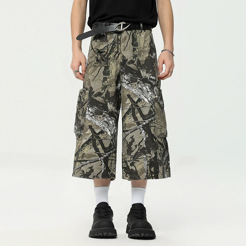 American Style Men's Graffiti Print Cropped Trousers - Summer Fashion Casual Straight Wide Leg Shorts for Men in Camouflage Color (9C6630) | Perfect for Streetwear, Beach Outings & Summer Festivals