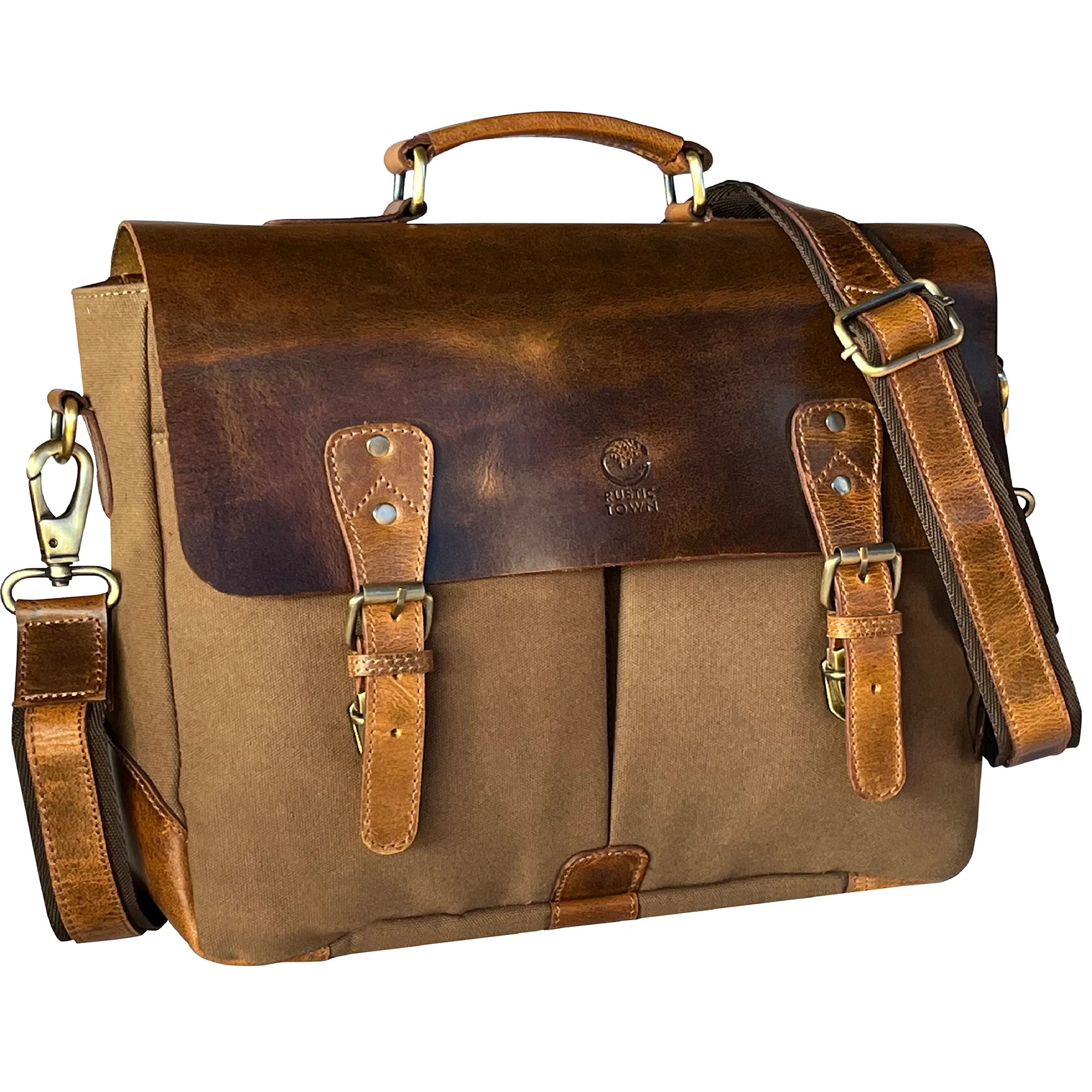 Vintage Leather Canvas Messenger Bag for Men & Women - Olive Green Laptop Briefcase - Perfect for Work, Travel & School
