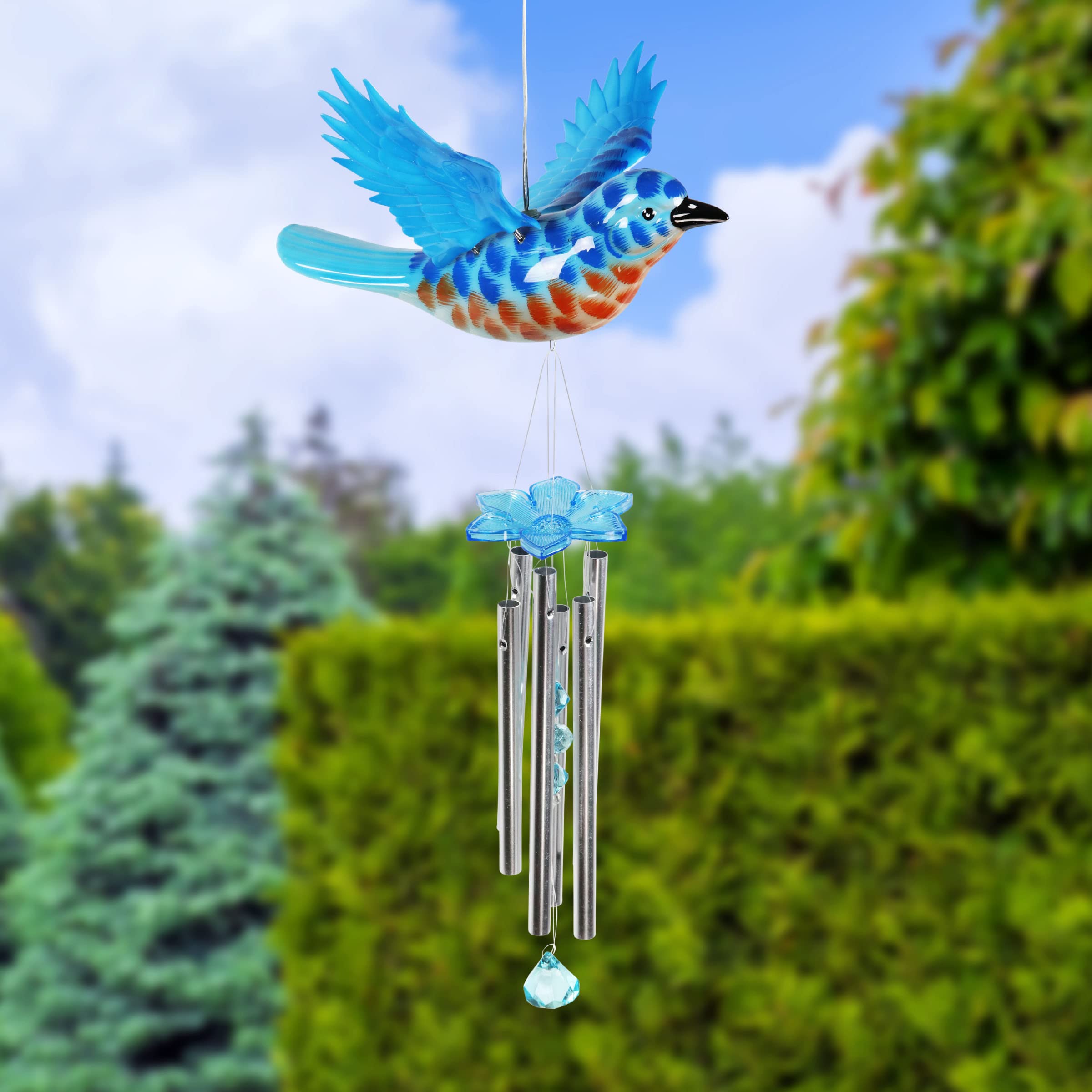 Solar-Powered Blue Bird Wind Chime with Fluttering Wings & 2 LED Lights - 12.5