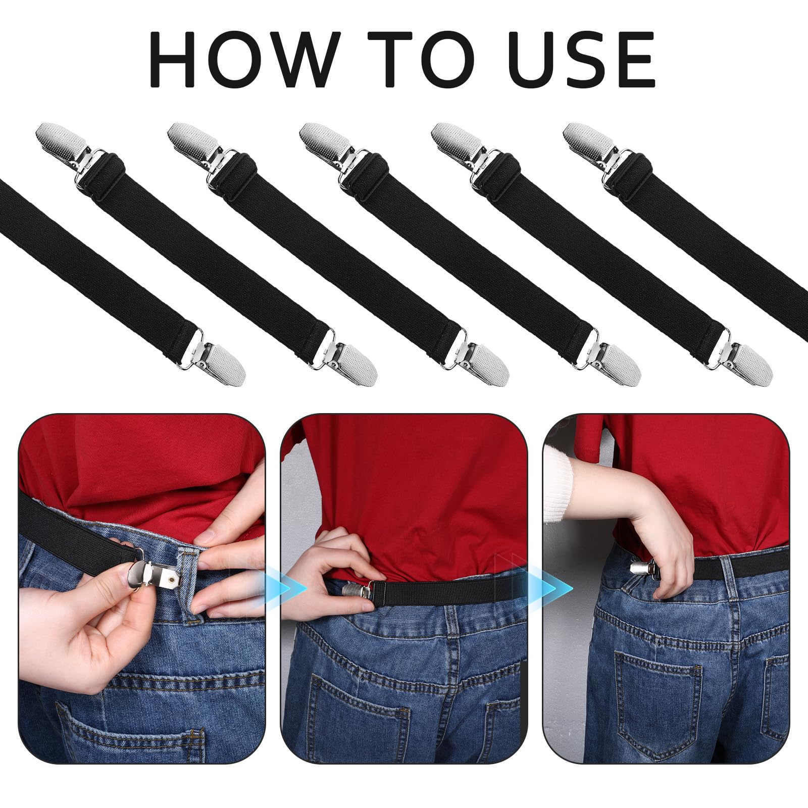 6 Pcs Adjustable Elastic Pant Clips - Waist Cinch Clips for Jeans & Pants - Clothing Accessories for Women & Men - Perfect for Tailoring, DIY Fashion & Securing Loose Clothing