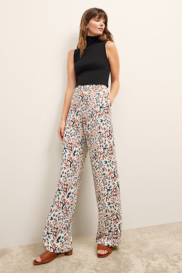 Tinsley Wide Leg Pants for Women - Soft Pebble Crepe Fabric with Leopard Sketch Print | Comfortable Office Wear & Casual Outfits