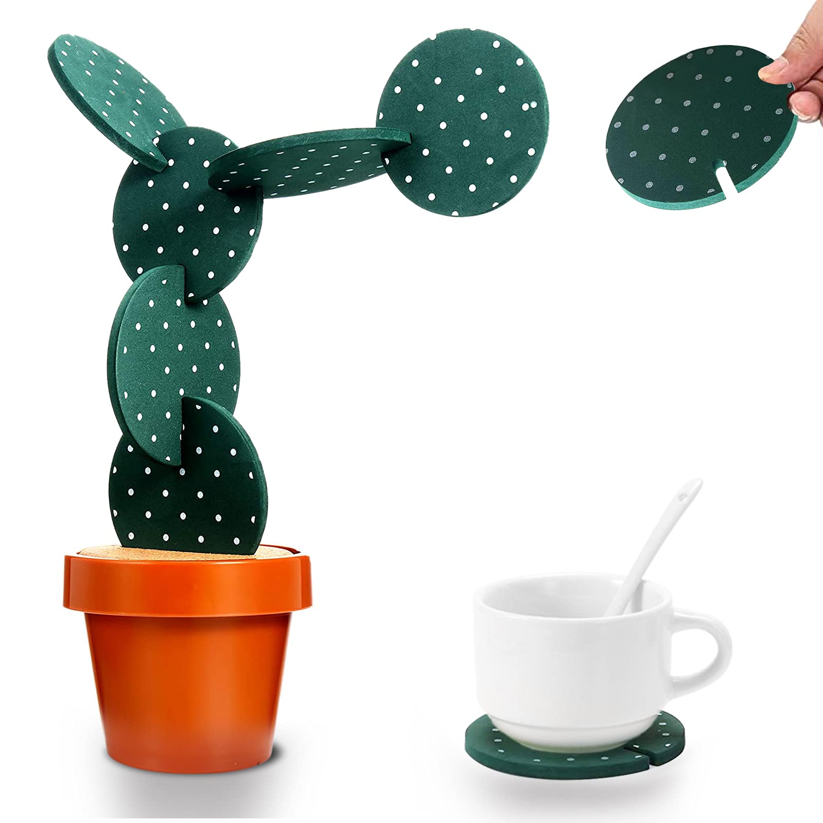 6-Pack DIY Funny Cactus Coasters with Flowerpot Holder - Novelty Drink Coasters for Bar & Home Decor (Green with Point) - Perfect for Coffee Tables, Housewarming Gifts & Party Decorations