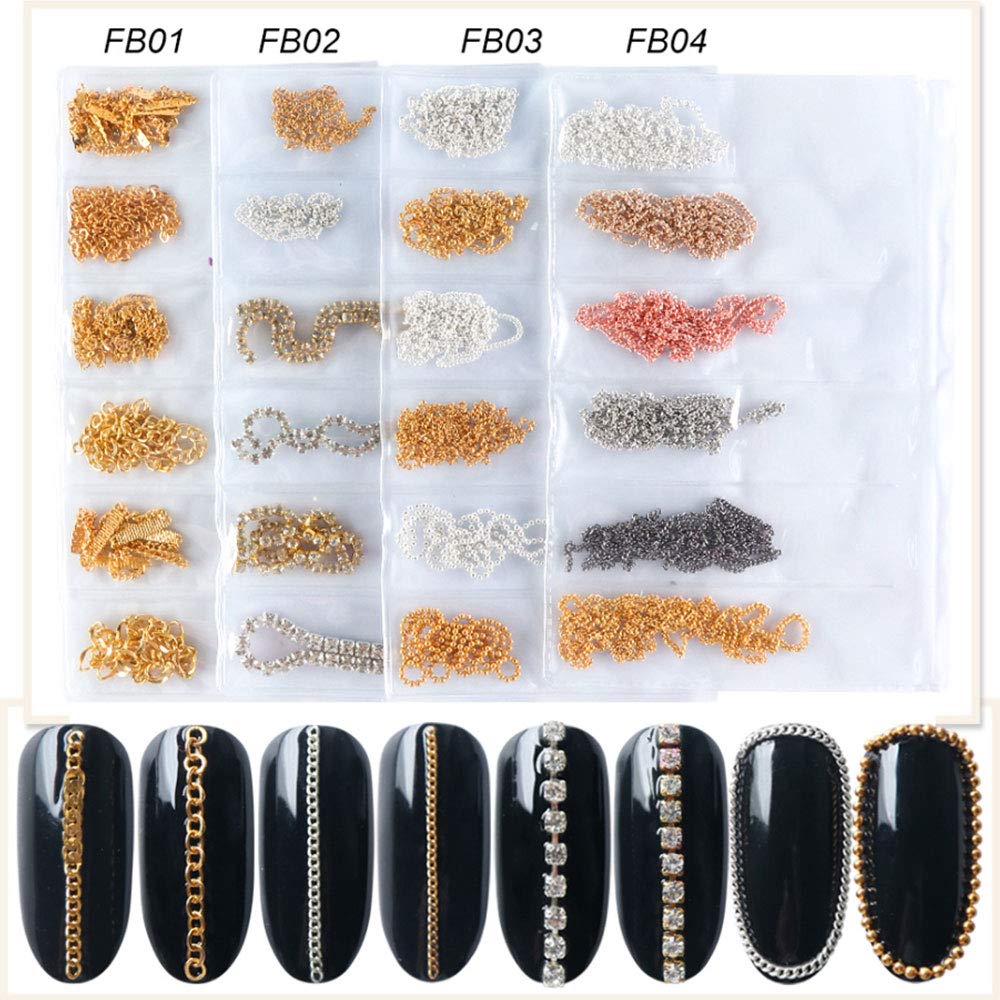 4 Packs 24PCS Gold & Silver Metal Punk Nail Art Chains Charms - 3D Nail Ornaments for Women DIY Manicure Decorations | Perfect for Punk, Gothic, and Party Nail Designs