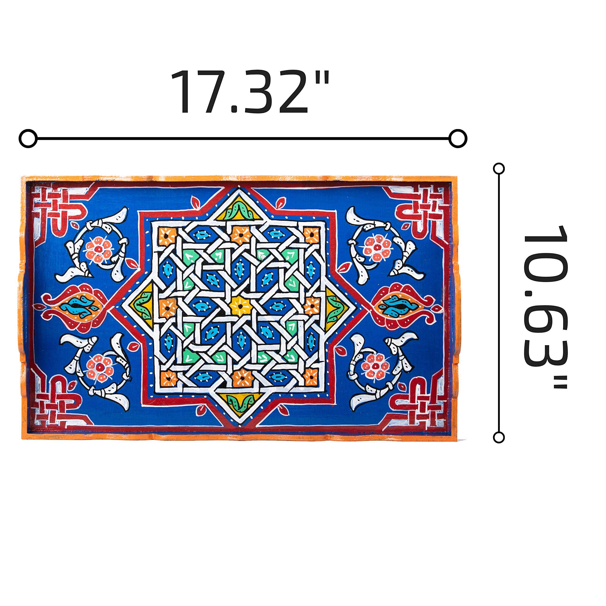 Hand Painted Moroccan White Decorative Serving Tray - Waterproof Acrylic Bohemian Arabesque Design (Blue) | Perfect for Home Decor, Coffee Table Centerpiece & Gift Giving