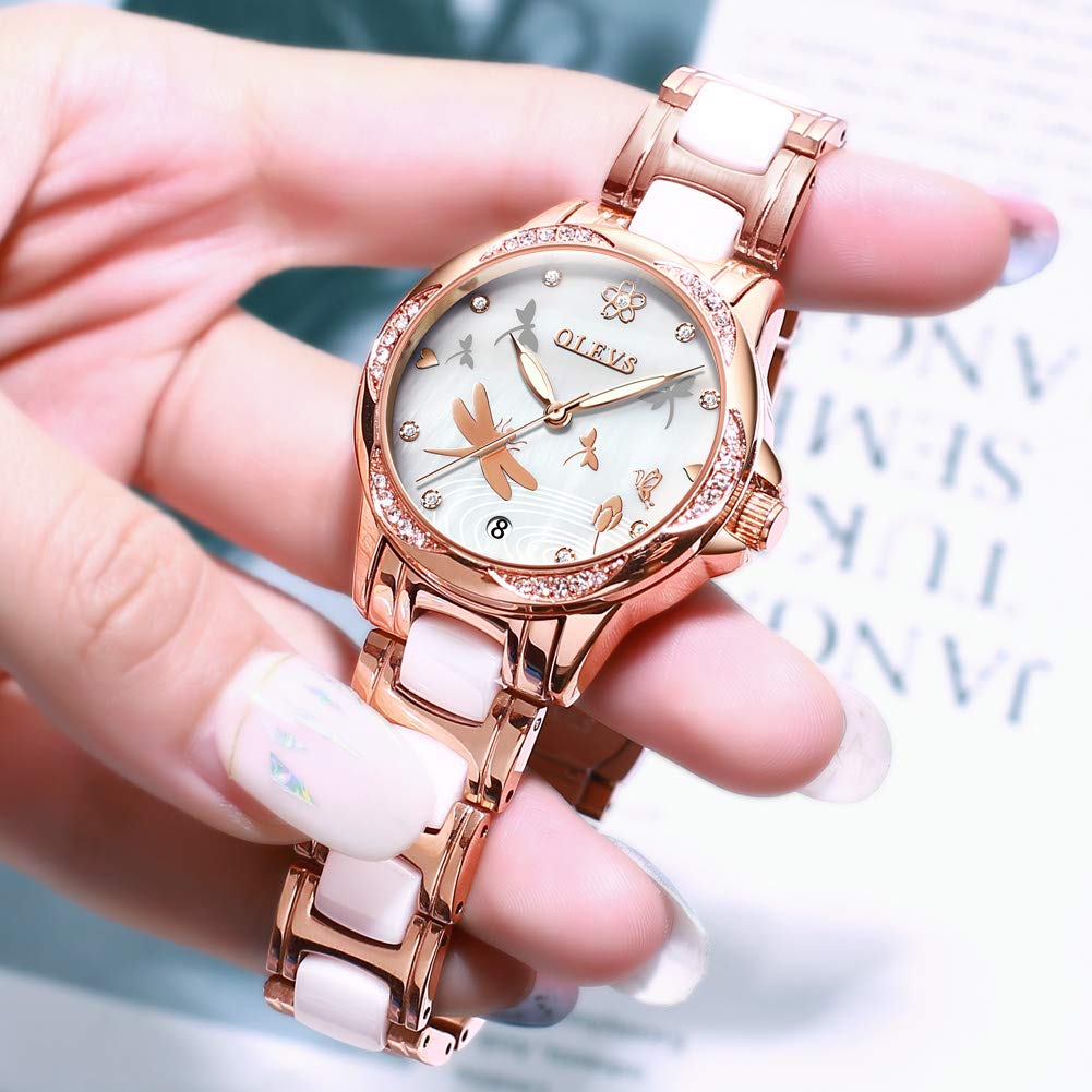 OLEVS Women's Automatic Diamond Dress Watch - Rose Gold Ceramic Bracelet, Stainless Steel Case with Date Function | Perfect for Formal Events, Office Wear & Special Occasions