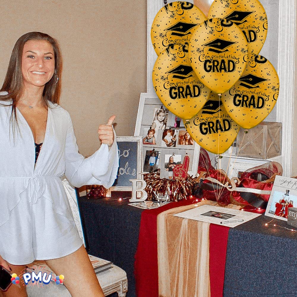 PMU Premium Gold Graduation Balloons with All-Over Print Black Graduation Caps, Confetti & Streamers - 100 Latex Balloons for Graduation Party Decorations | Perfect for Graduation Ceremonies, College Parties & School Celebrations