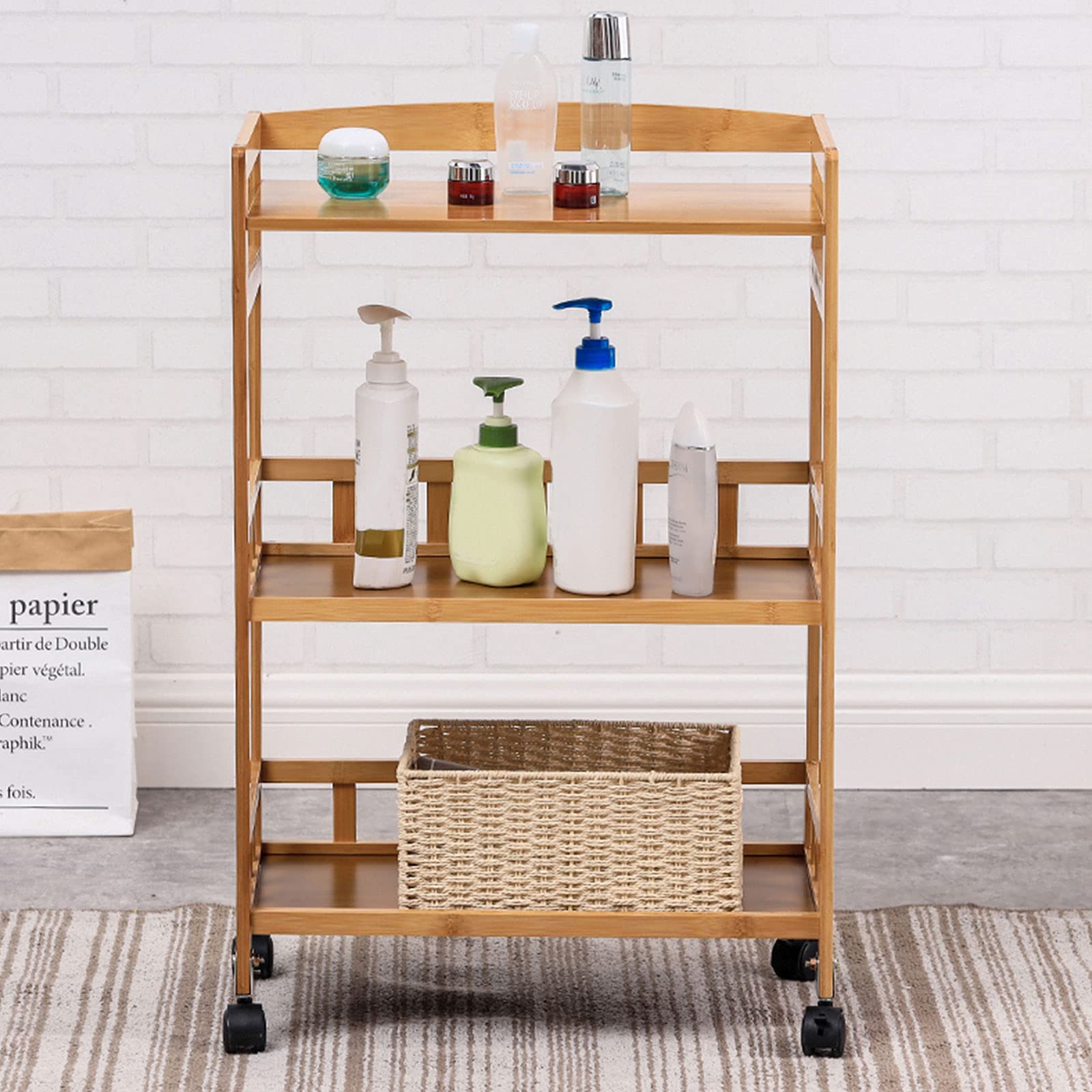 3-Tier Bamboo Storage Cart - Rolling Kitchen Organizer with Removable Shelves | Mobile Utility Cart for Kitchen, Bathroom, Laundry & Narrow Spaces | Perfect for Meal Prep, Bath Essentials & Closet Organization