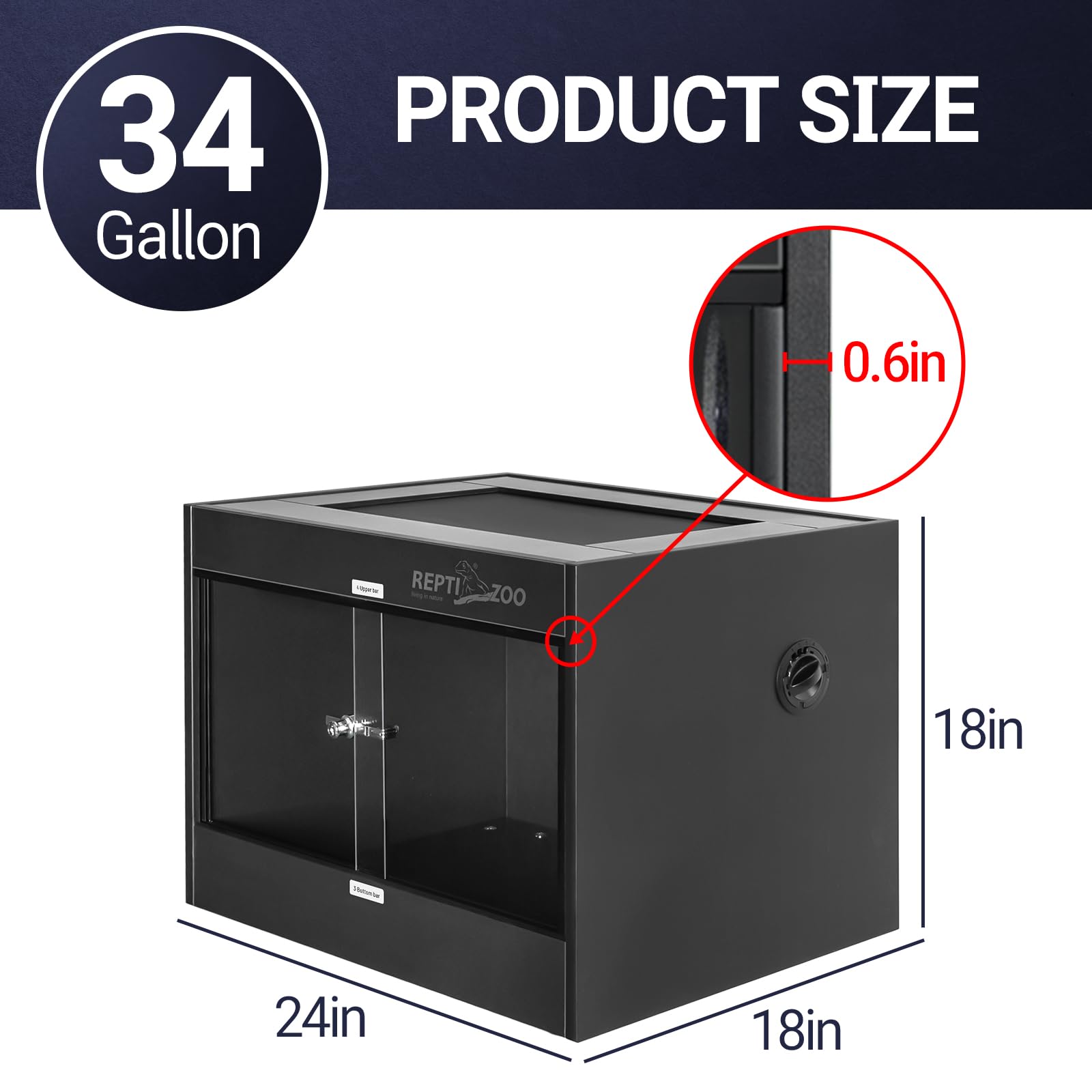 REPTI ZOO 34 Gallon PVC Reptile Terrarium Tank - 24x18x18 Inch Leopard Gecko Enclosure with Glass Sliding Door & Top Screen Ventilation - Ideal for Bearded Dragons, Hermit Crabs, Lizards & Small Reptiles - Perfect for Home, Classroom or Office Habitat Setup