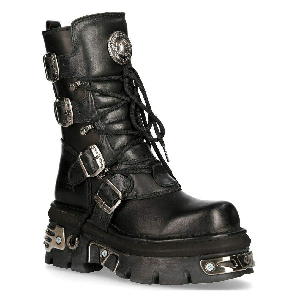 New Rock Unisex M.373-S4 Metallic Black 100% Leather Goth Biker Emo Fashion Reactor Boots - Perfect for Alternative Fashion, Motorcycle Riding & Nightlife