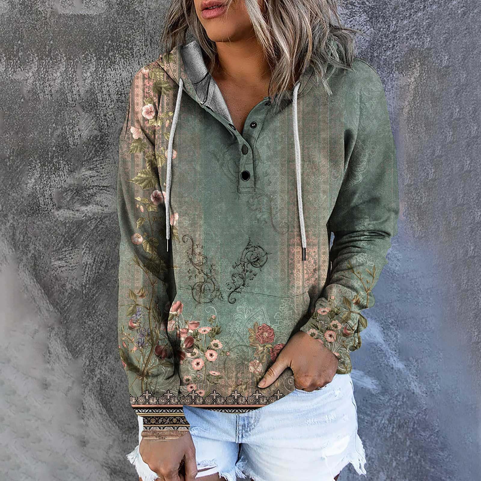 Women's Casual Long Sleeve Hoodie Floral Print Loose Tunic Button Down Hooded Sweatshirt Pullover Top for Outdoor Activities and Relaxation