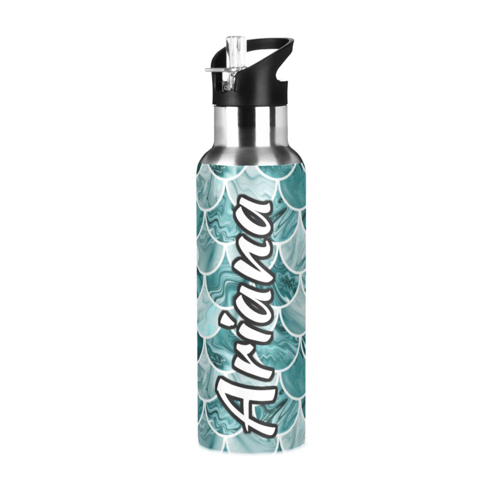 Custom Personalized 20oz Mermaid Teal Stainless Steel Water Bottle with Straw Lid - Insulated Sports Drink Bottle for Gym, Hiking, Backpacking & Outdoor Activities