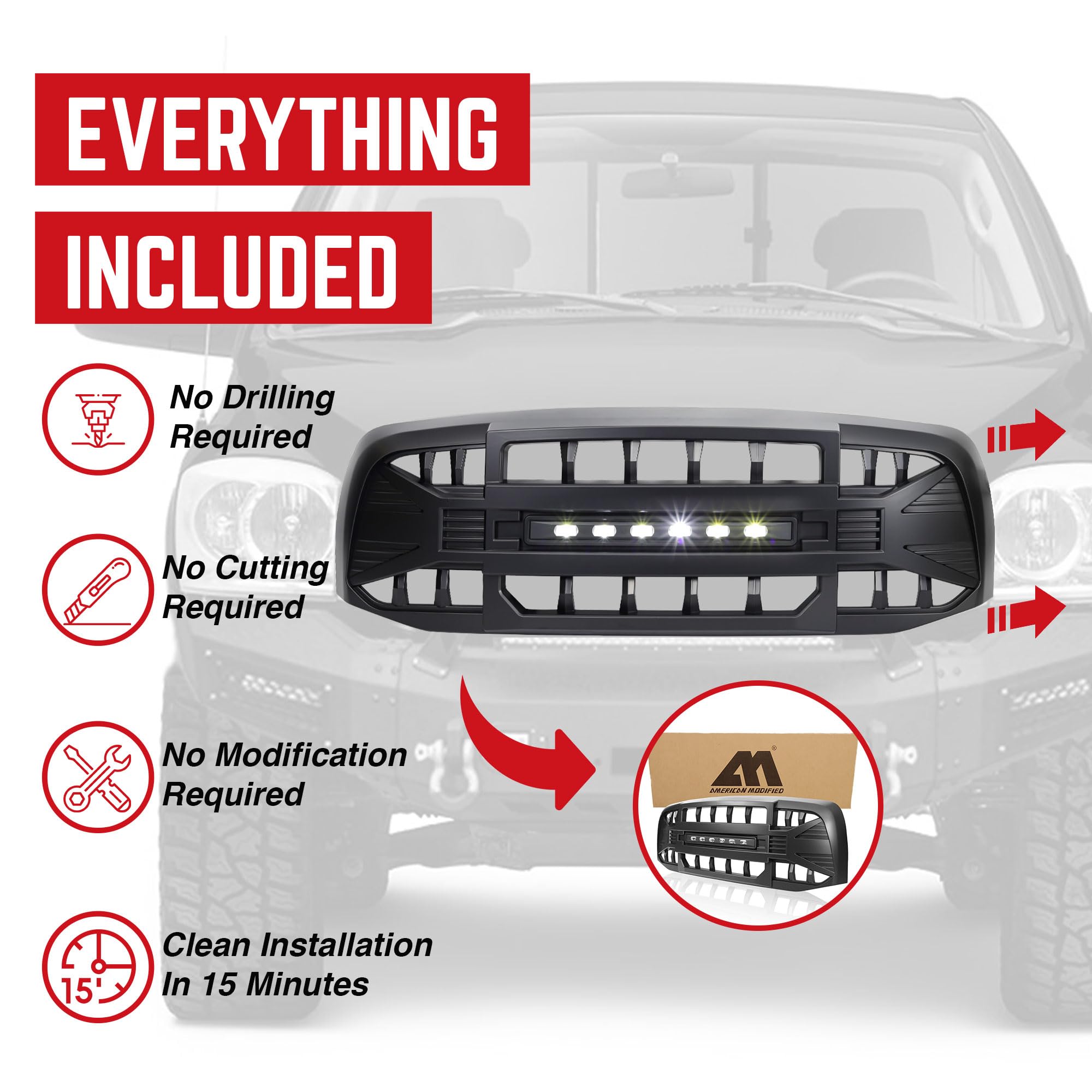 AMERICAN MODIFIED Armor Grille with LED Off-Road Lights for 2006-2008 Dodge Ram 1500 & 2006-2009 Ram 2500/3500 - Matte Black Truck Grille | Heavy Duty Protection & Style for Off-Roading, Truck Shows & Daily Driving