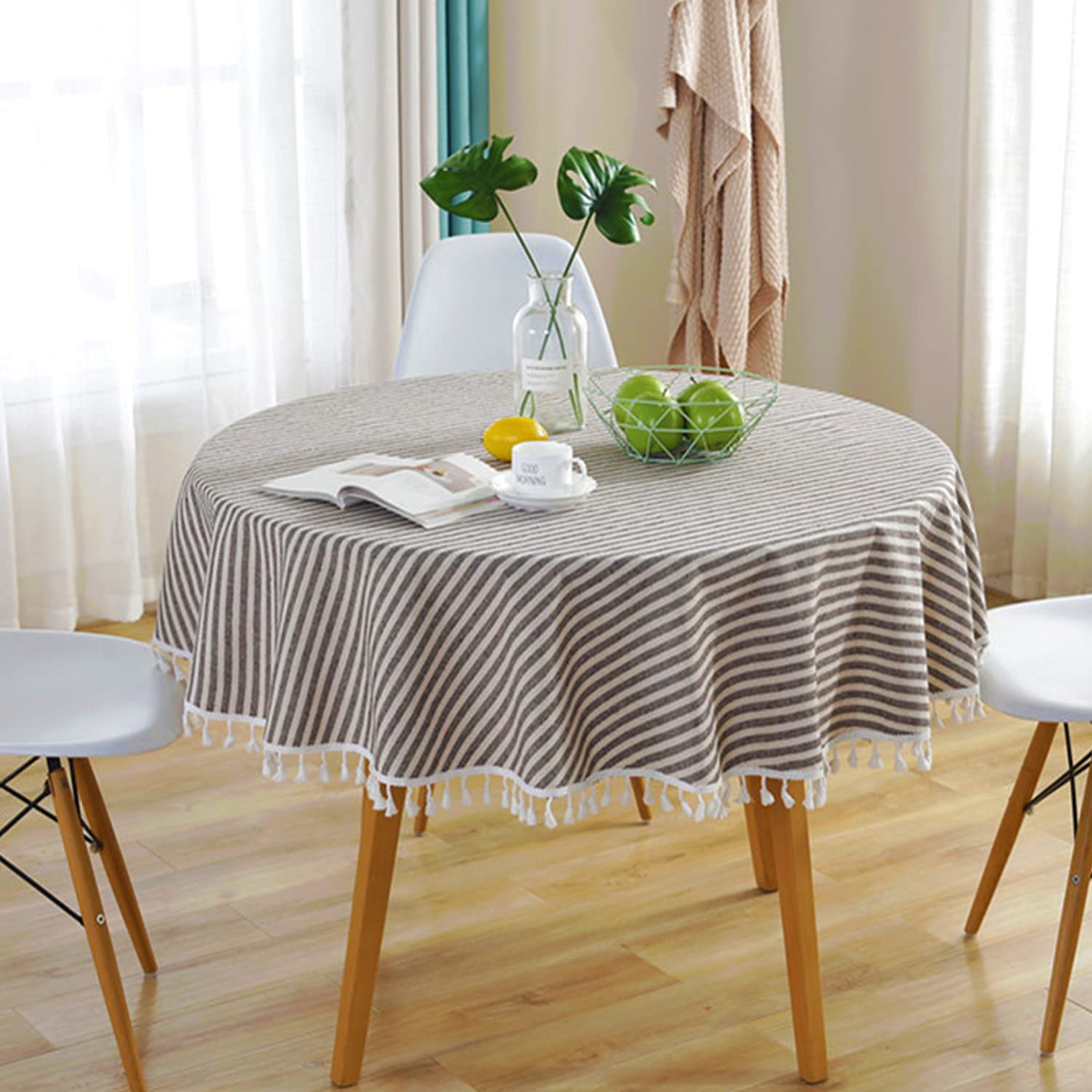 Meioro Round Tablecloth 47 Inch - Striped Cotton Linen Table Cover with Tassel Trim, Dust-Proof Dining Table Cloth for Coffee Tables, Side Tables, Card Tables - Perfect for Parties, Home Decor & Restaurant Use (Coffee Brown)
