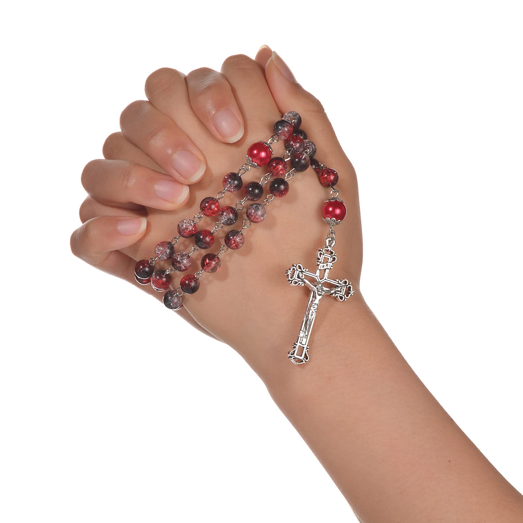 8mm Crystal Glass Beads Catholic Rosary Necklace with Guadalupe Medal - Red Beaded Religious Jewelry for Women & Girls - Christian Gift Set in Velvet Pouch (Perfect for Prayer, Worship & Faith-Based Occasions)