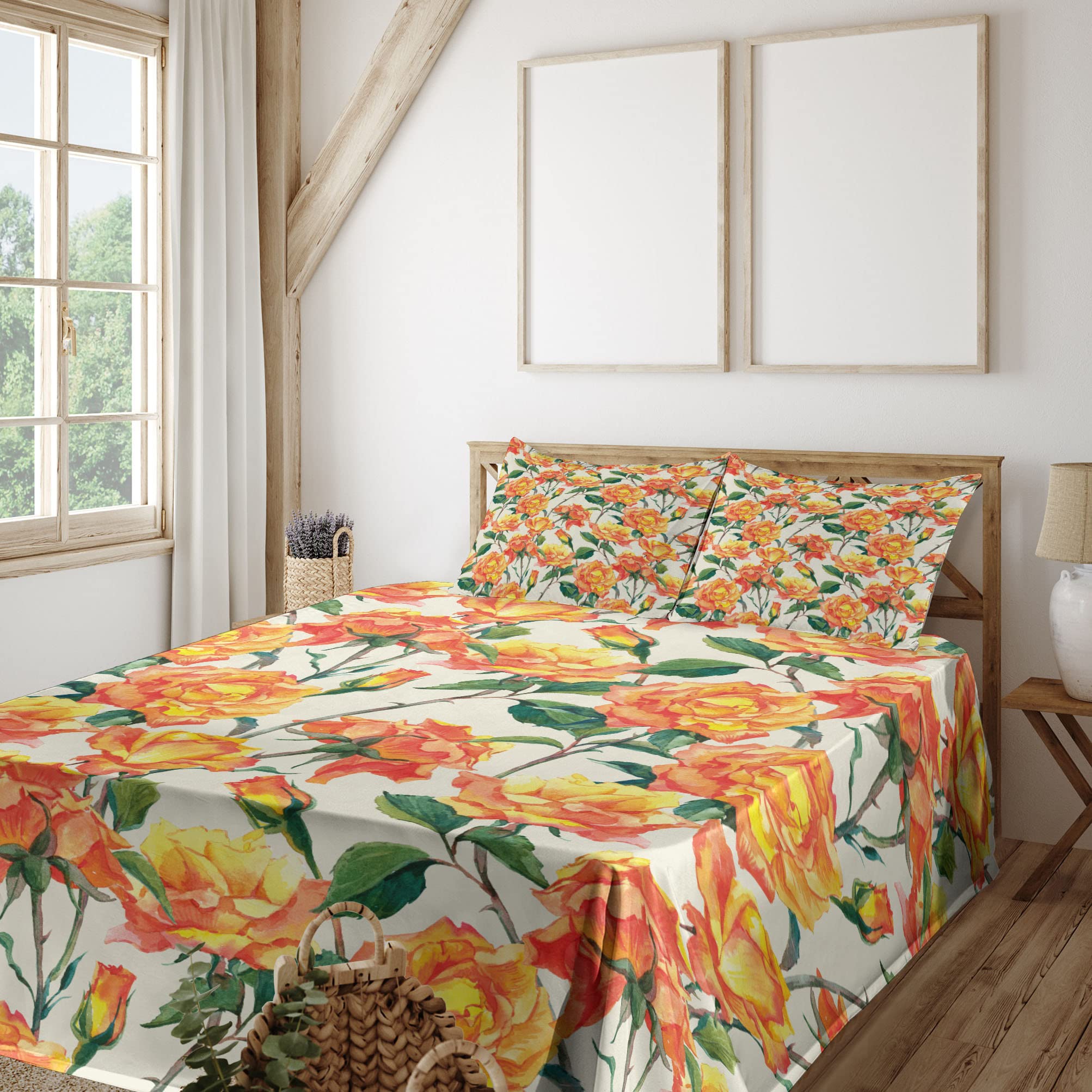 Ambesonne Vintage Rose Floral 3-Piece Sheet Set - Twin Size, Cream Orange Green, Soft Fitted & Flat Sheets with Pillowcase - Perfect for Bedroom, Guest Room & Dorm Decor