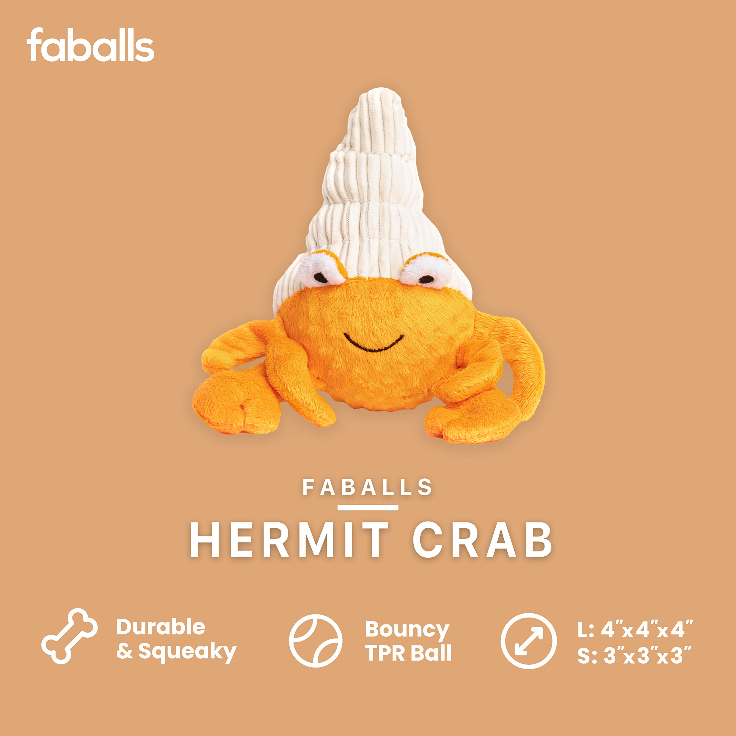 Fabdog Faballs Super Squeaky Durable Plush Dog Ball Toys - Interactive Pet Toys for Small, Medium & Large Dogs - Hermit Crab & Animal-Themed Chew Toys for Indoor & Outdoor Play
