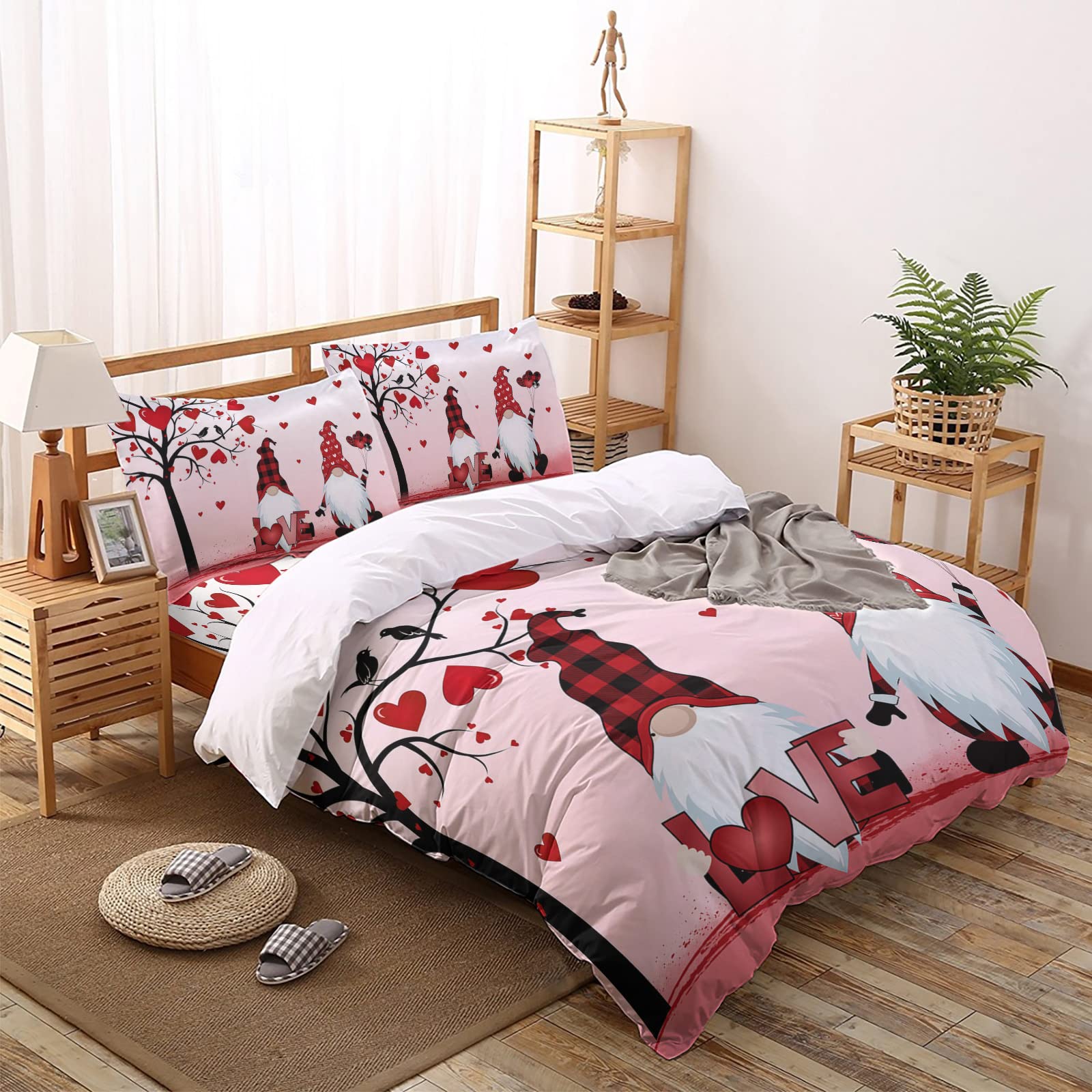 4 Piece Queen Duvet Cover Set - Valentine Gnome & Red Love Tree Design | Microfiber, Warm & Breathable, Ultra Soft Comforter Cover with Zipper Closure (Includes 1 Duvet Cover, 1 Bedspread & 2 Pillowcases) | Perfect for Valentine's Day, Anniversary Gifts & Cozy Bedroom Decor
