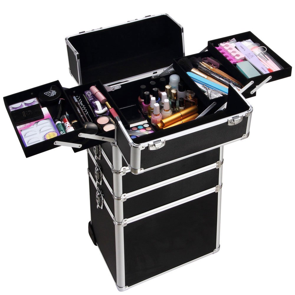 4 in 1 Professional Aluminum Makeup Train Case with Wheels - Rolling Cosmetic Organizer for Beauty Artists, Stylists & Travel - Black | Perfect for Salon, Bridal & On-Site Makeup Services