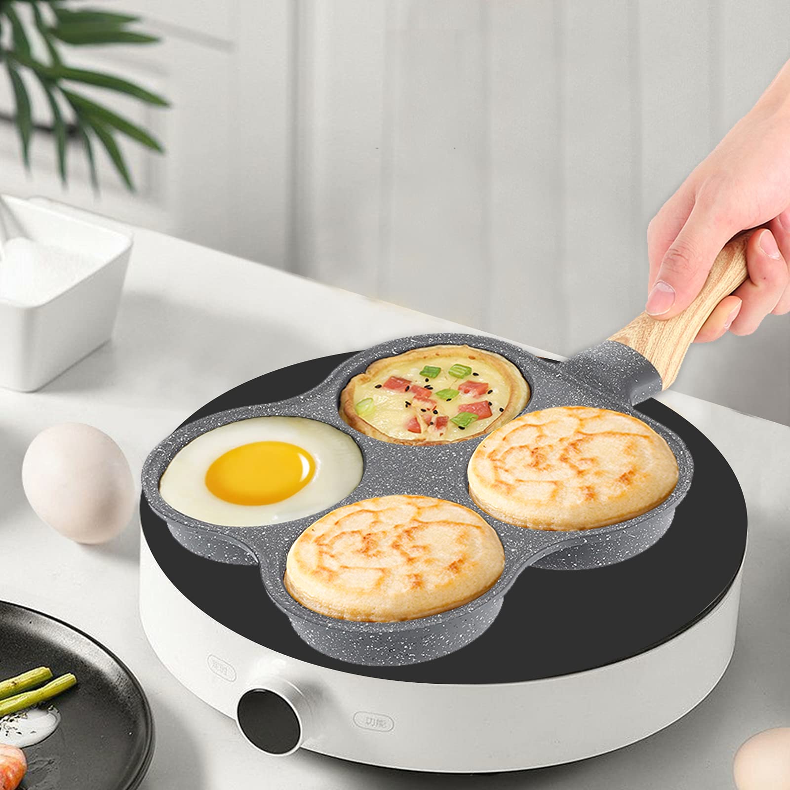 Nonstick 4-Hole Egg Frying Pan with Wooden Handle - Aluminum Omelette & Pancake Cooker for Perfect Poached Eggs, Burgers & Steaks - Ideal for Breakfast, Brunch & Quick Meals