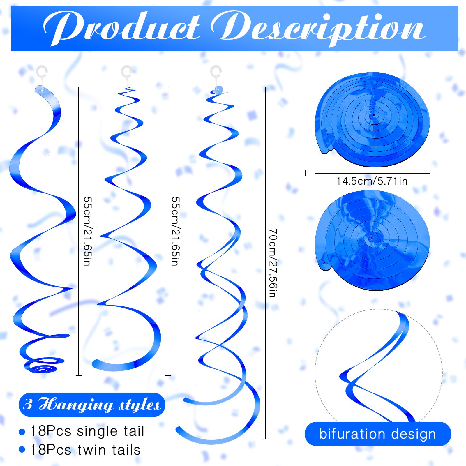 36 Pcs Blue Hanging Swirl Party Decorations - Plastic Streamer Swirls & Spiral Ceiling Decor for Birthday, Wedding, Baby Shower, Graduation - Perfect for Indoor & Outdoor Party Backdrops