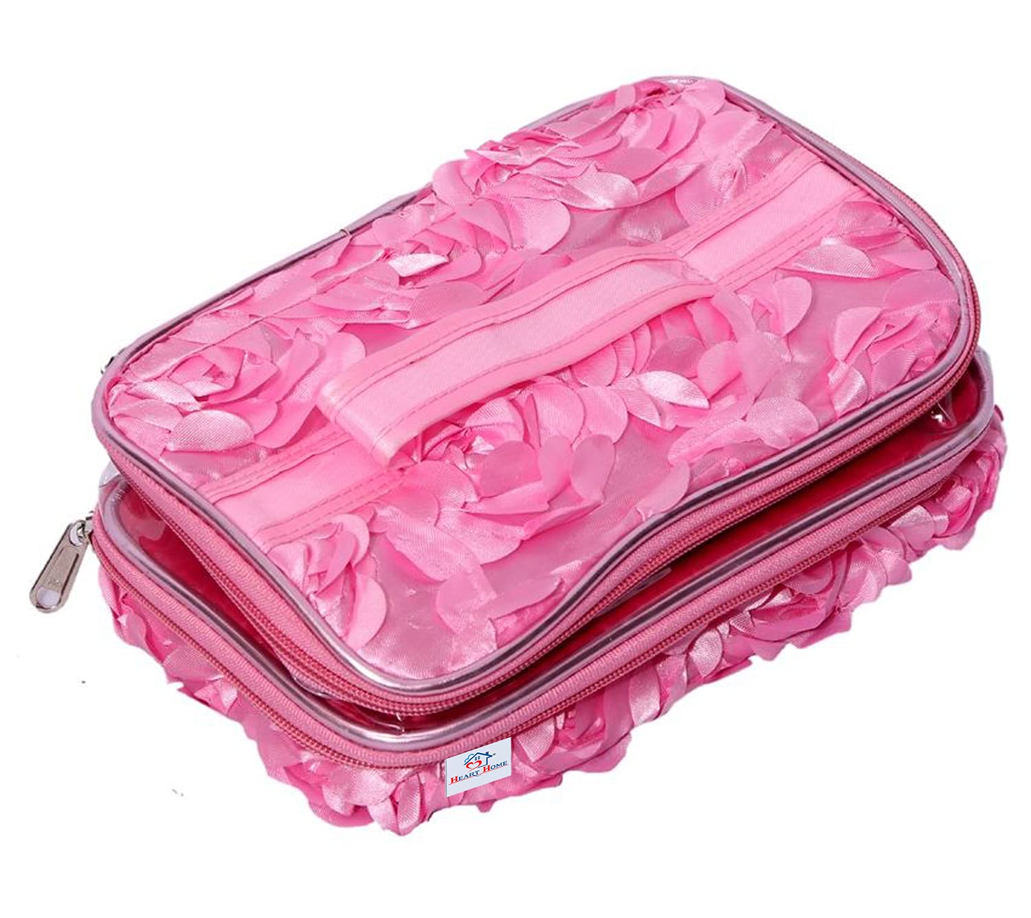 Kuber Industries Double Layer Cosmetic Bag with Floral Design - Travel Makeup Organizer for Toiletries & Cosmetics (Pack of 2, Pink) - Perfect for Travel, Gym, and Daily Beauty Storage