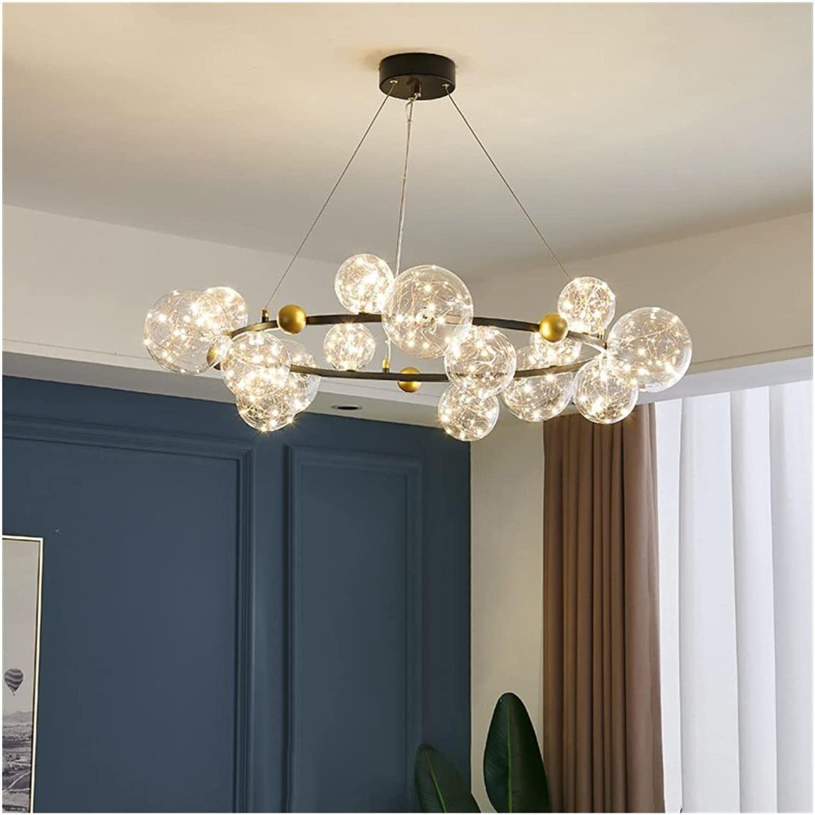 Modern Gold/Black LED Chandelier with Clear Glass Bubbles - Star Light Fixture for Living Room, Dining Room, Bedroom - Warm White Lighting - Elegant Home Decor for Parties & Romantic Dinners (B-15 Bubbles)