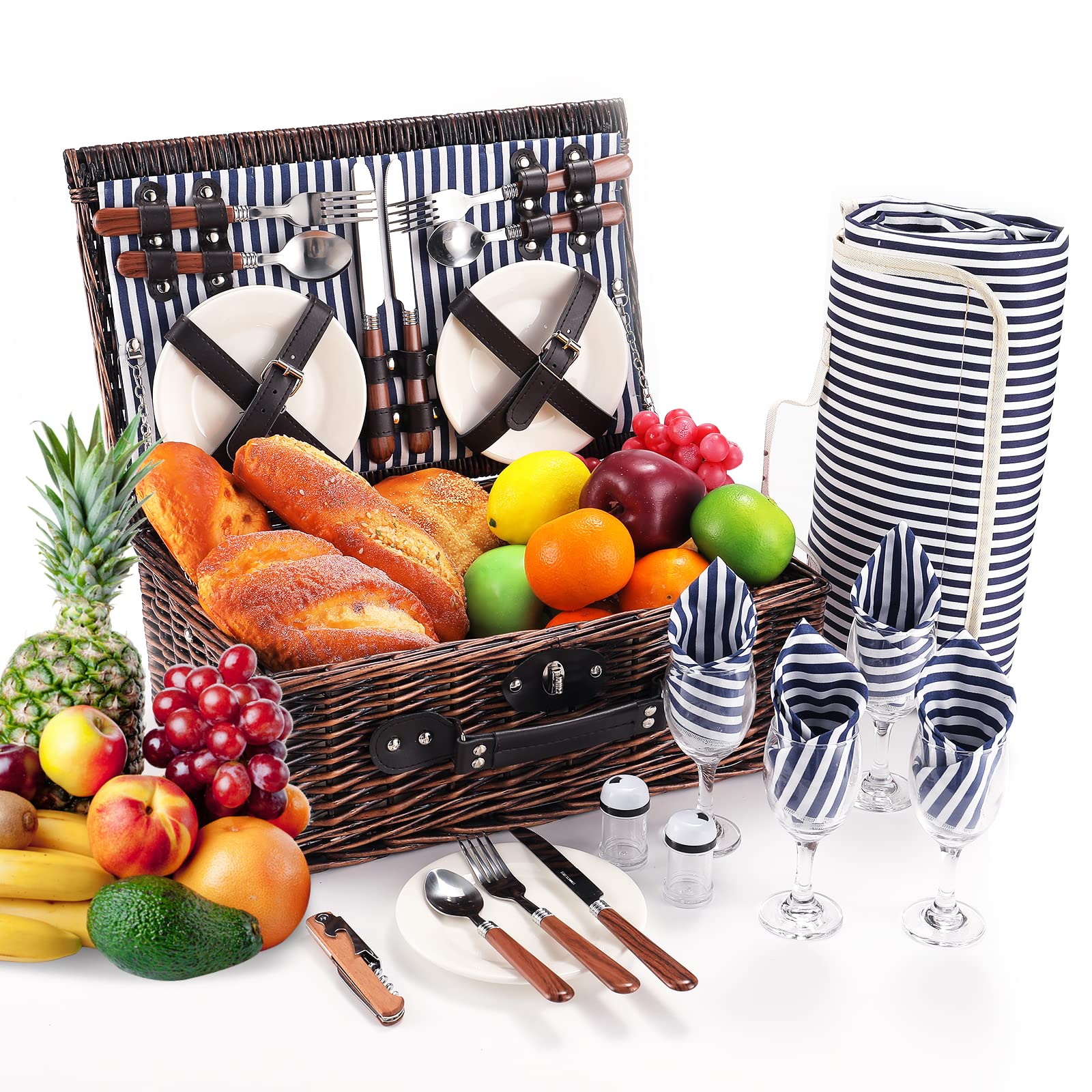 HYBDAMAI Willow Picnic Basket Set for 4 Persons with Waterproof Blanket - Portable Wicker Picnic Hamper for Camping, Hiking, Beach, Park - Perfect Gift for Valentine's Day, Christmas, Birthday, Anniversary - Ideal for Outdoor Dining, Romantic Dates & Family Gatherings