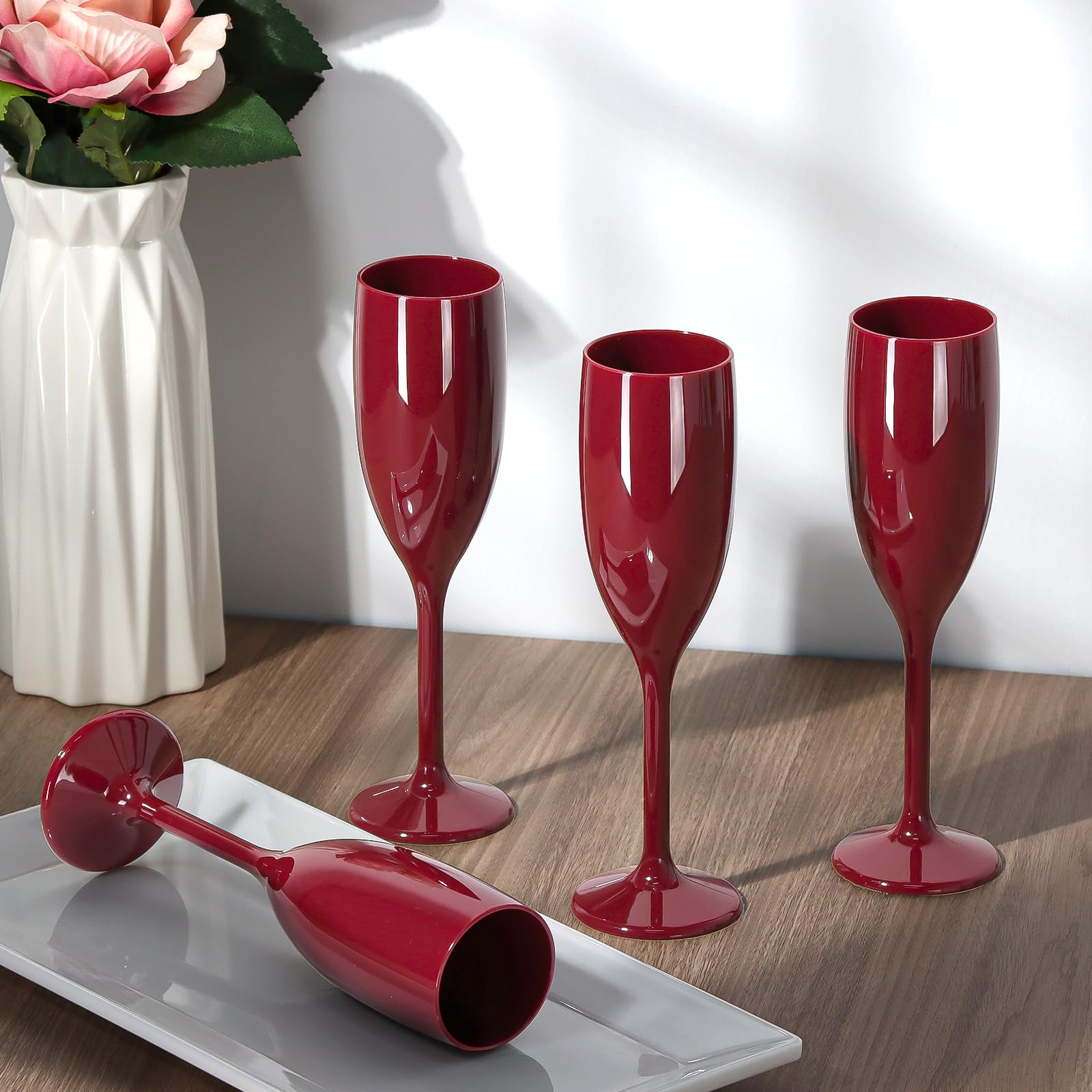 Elegant Burgundy Acrylic Champagne Flutes - Unbreakable Plastic Wedding Toasting Glasses for Bachelorette Parties, Bridal Showers & Receptions (Set of 24) - Perfect for Celebrations, Toasts & Special Occasions
