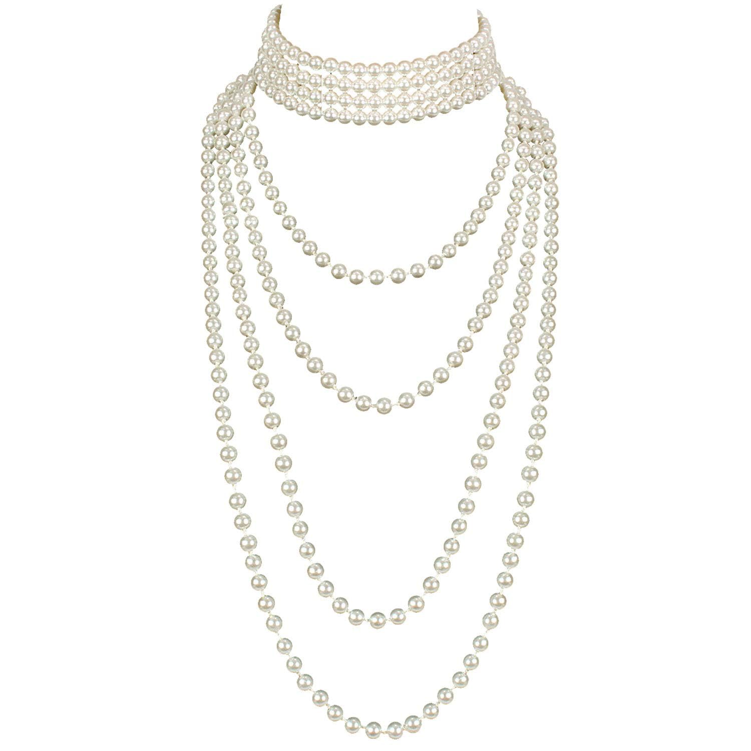 Vintage 1920s Style Faux Pearl Necklace and Earrings Set for Women - Multi-Layer Simulated Pearl Strands Costume Jewelry - Perfect for Flapper Parties, Gatsby Themed Events, and Retro Fashion Looks