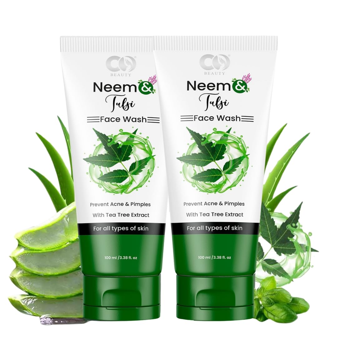 CO BEAUTY Neem & Tulsi Face Wash with Tea Tree & Aloe Vera | Purifying Face Wash for Acne, Pimples & Oily Skin | Gentle Daily Facial Cleanser for All Skin Types | 200ml (Pack of 2) | Perfect for Morning & Night Skincare Routine