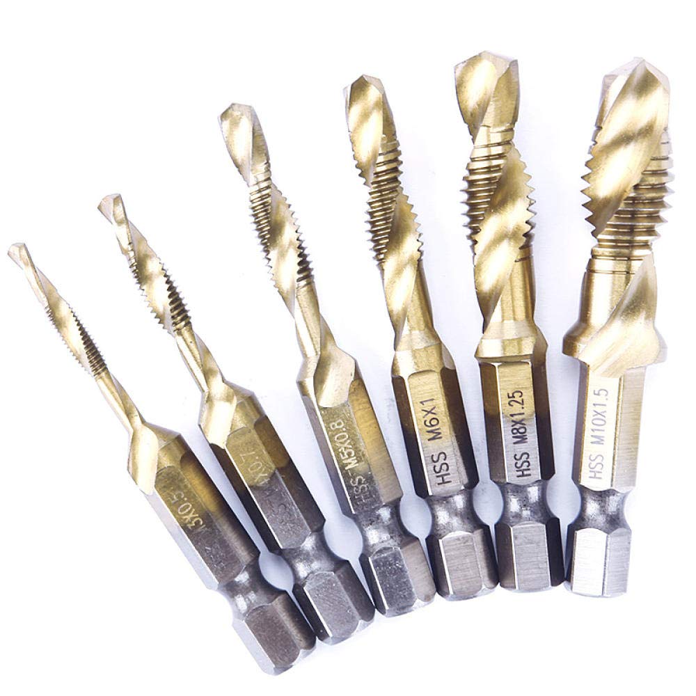 6-Piece Titanium M2 HSS Hex Shank Drill Bit Set - High-Speed Steel Spiral Point Thread Metric Plug Bits for Metal, Wood & DIY Projects