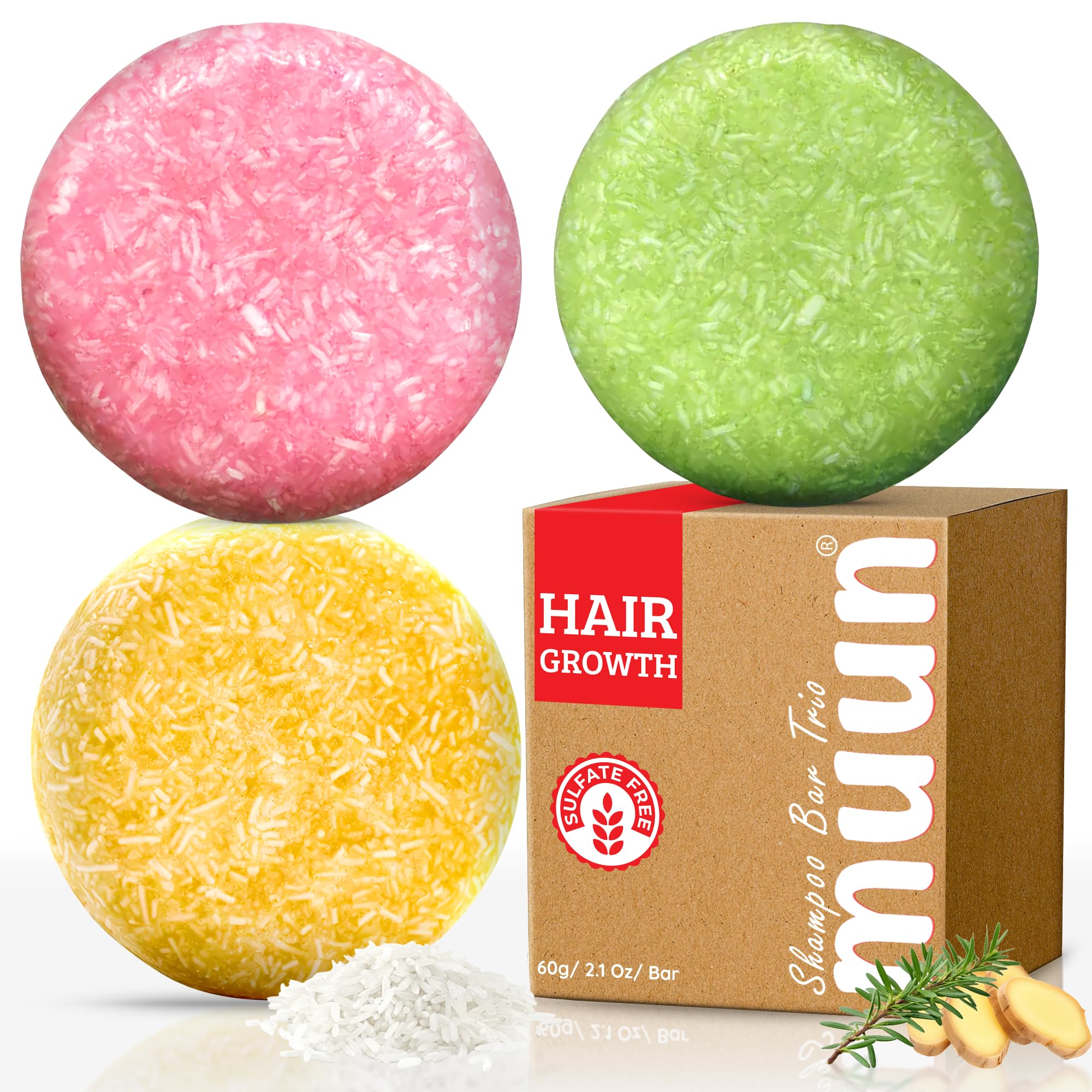 Muun Ginger Rosemary & Rice Water Shampoo Bar Pack of 3 - Natural Hair Growth, Thickening & Strengthening Treatment - Anti Hair Loss, Volumizing & pH Balanced Formula - Sulfate & Silicone Free for All Hair Types - Perfect for Daily Use, Travel & Eco-Friendly Hair Care