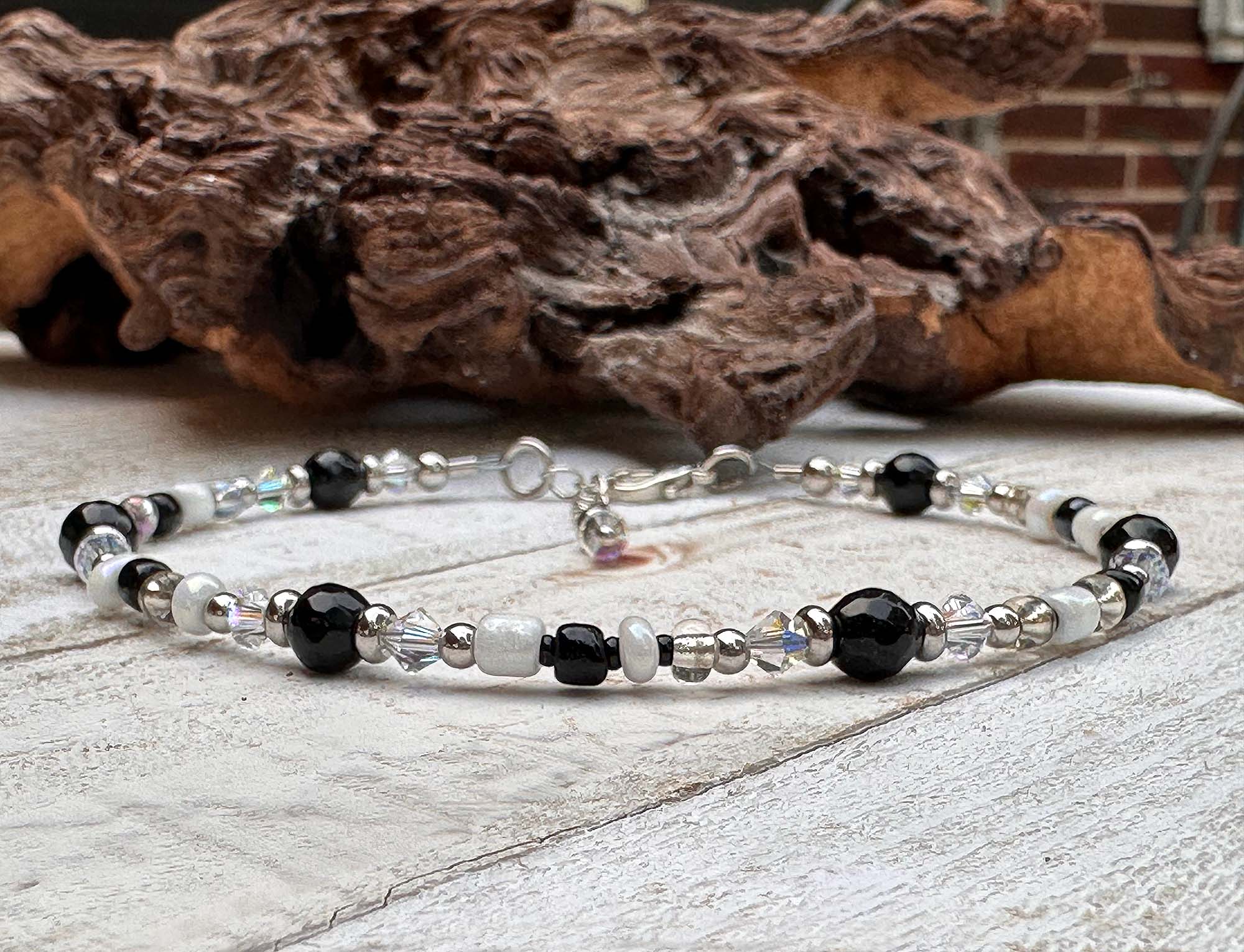 Black Agate Gemstone Beaded Anklet Bracelet for Women - Handmade Adjustable Ankle Chain for Boho Style, Yoga, Meditation & Beach Wear