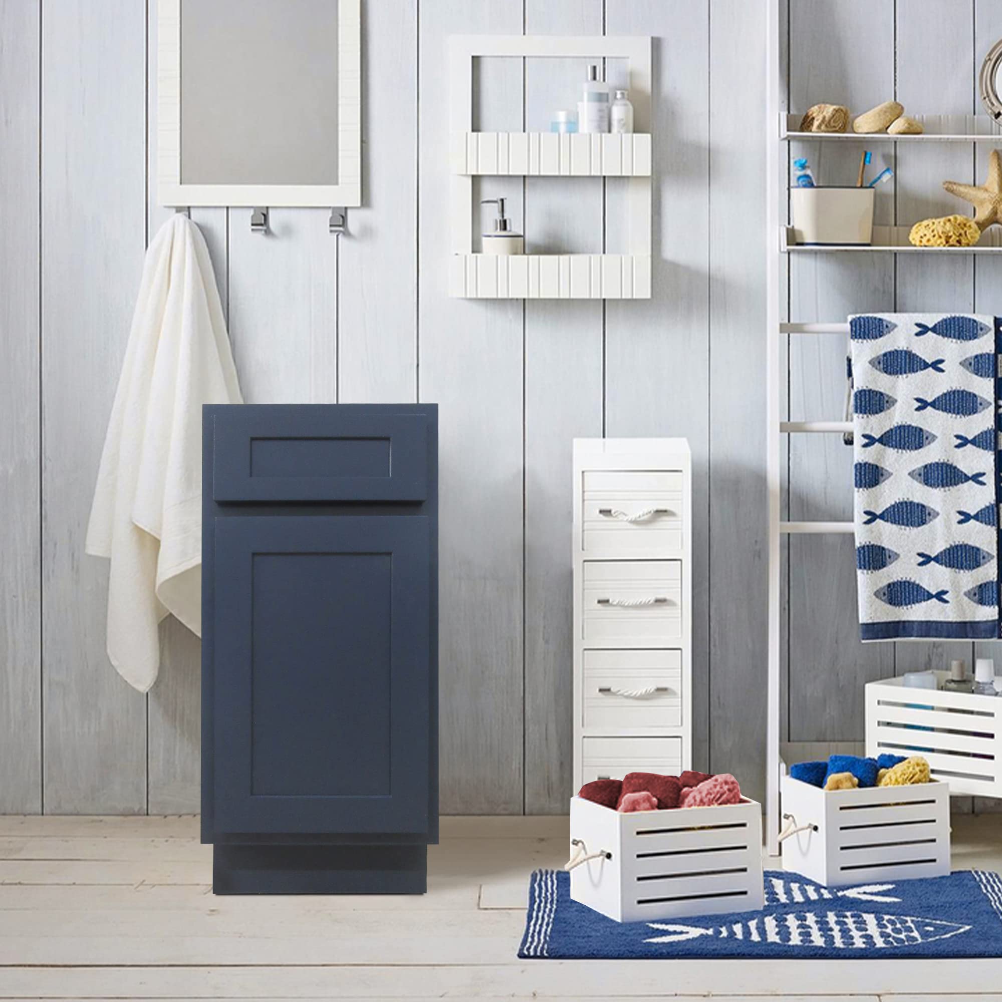 Vanity Art 15 Inch Single Right Offset Vanity Base Cabinet - Solid Wood Bathroom Storage Cabinet with Blue Finish VA4015-1BLUE | Perfect for Small Bathrooms, Powder Rooms & Home Organization