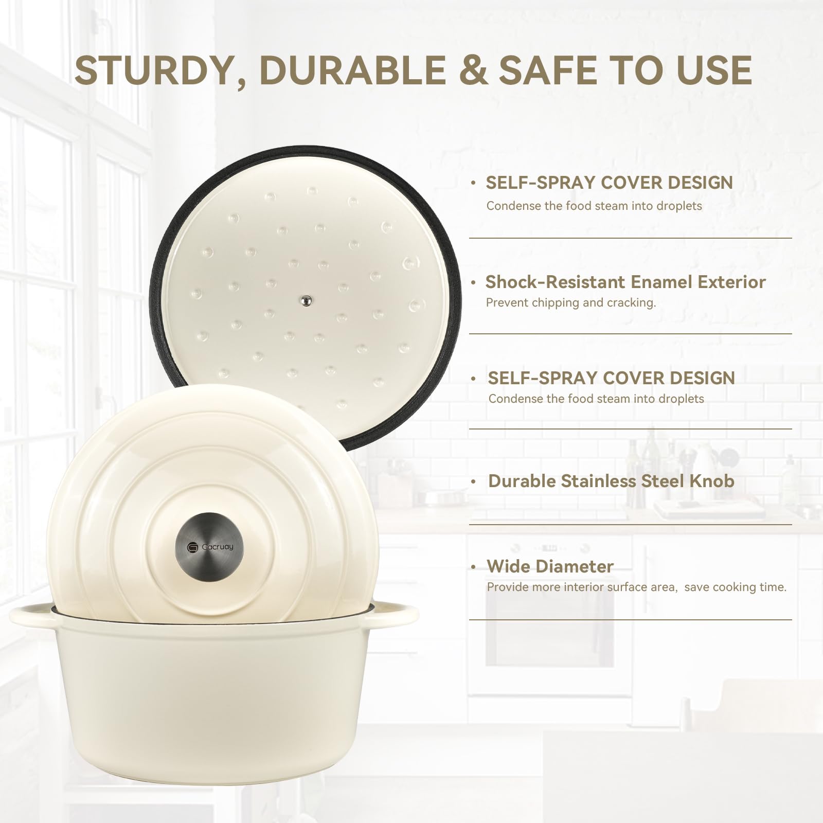 Gacuray 6 Quart Enameled Cast Iron Dutch Oven with Lid - Heavy Duty Non-Stick Cream White Pot, Dual Handles for Baking, Braising & Slow Cooking - Perfect for Soups, Stews, Roasts & Family Dinners
