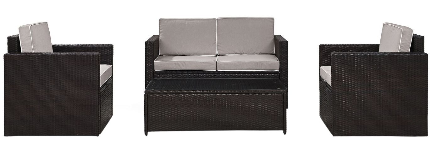 Crosley Palm Harbor 4-Piece Outdoor Wicker Loveseat Set with Gray Cushions - Patio Furniture Conversation Set for Garden, Backyard & Poolside Relaxation