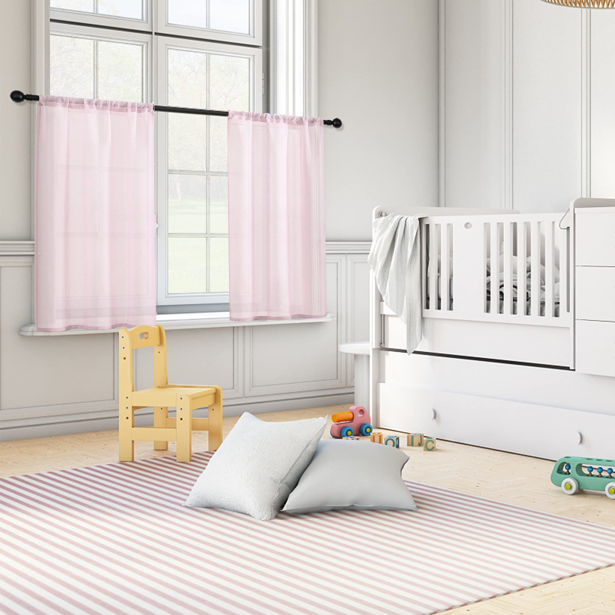 MRTREES Sheer Tier Curtains Pink - 36 Inch Light Filtering Kitchen & Bathroom Window Treatments - Rod Pocket Cafe Curtains for Half Windows (2 Panels) - Perfect for Privacy While Allowing Natural Light in Small Spaces