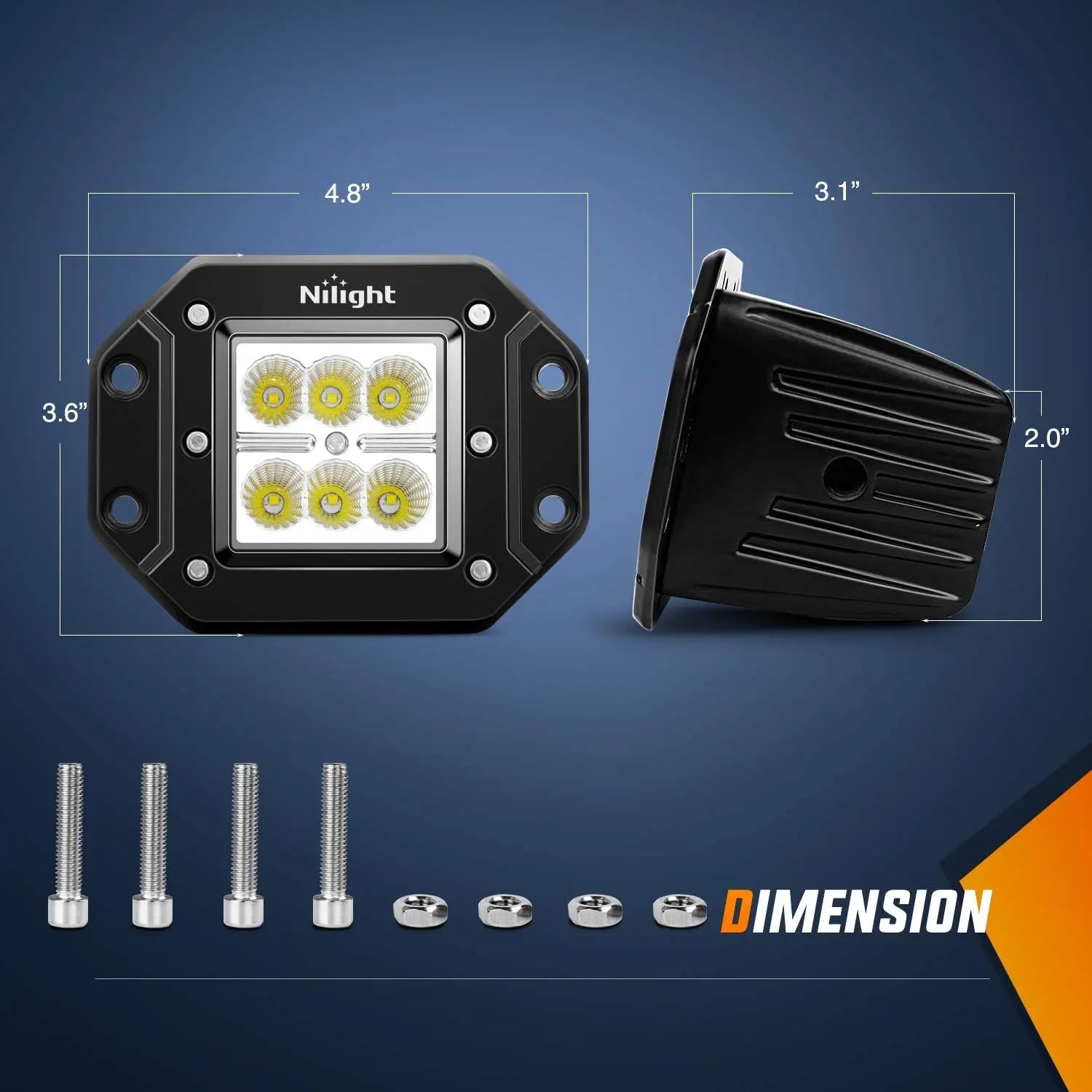 4.8 Inch 18W LED Flush Mount Flood Work Lights (Pair) - 12V 5-Pin Rocker Switch Wiring - Perfect for Trucks, Boats, ATVs & Off-Road Vehicles
