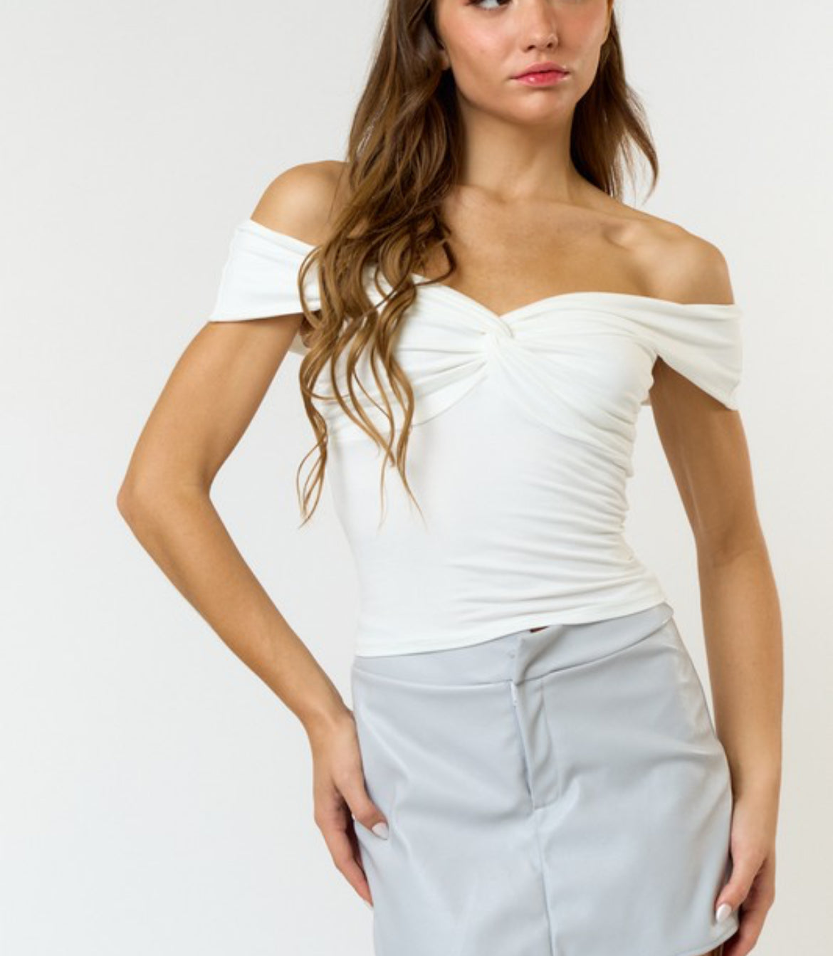 Trendy Twist Front Off Shoulder Top in White & Cobalt Blue - Perfect for Summer Outfits, Beach Vacations and Casual Date Nights