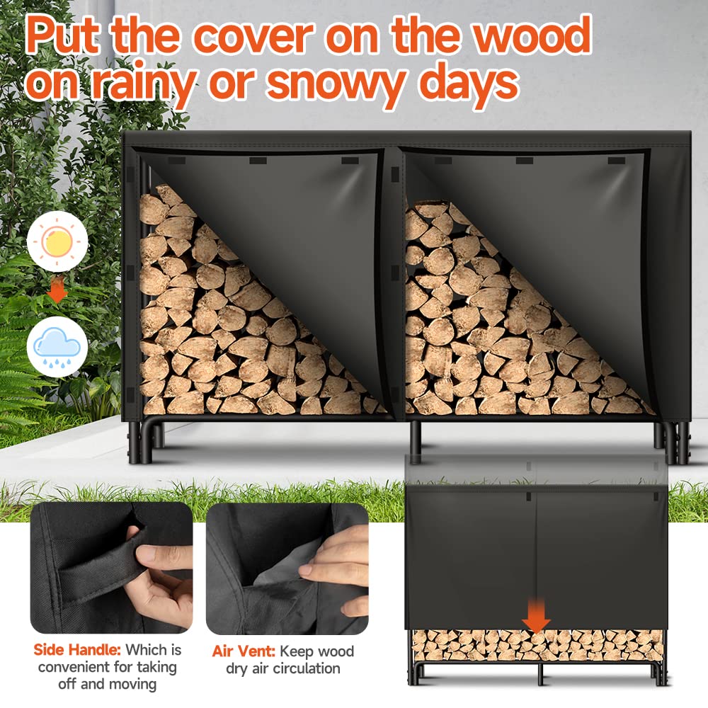 AMAGABELI Heavy-Duty 6ft Outdoor Firewood Rack with Waterproof Cover - Log Holder for Fireplace, Fire Pit & Wood Storage - Durable Black Steel Firewood Organizer for Patio, Backyard & Camping Use